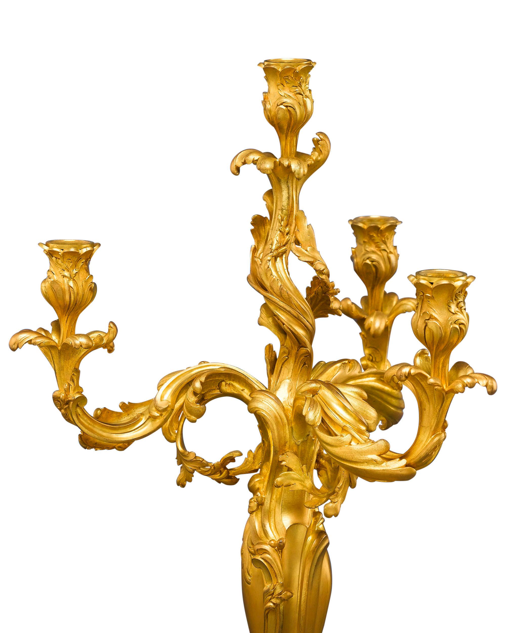 Art Nouveau Pair of 19th Century Doré Bronze Candelabra For Sale