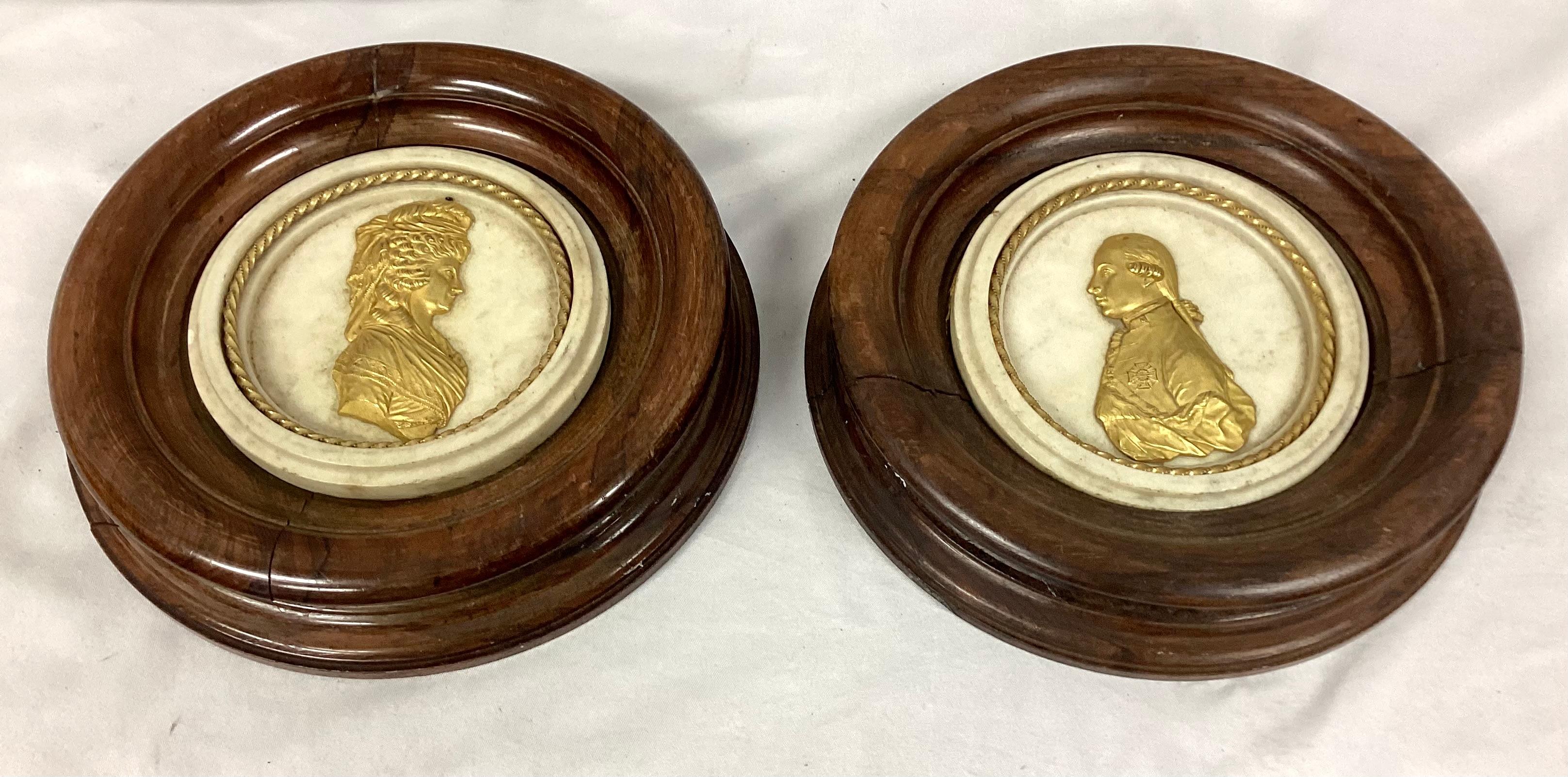 Pair Of 19th Century Doré Bronze Portrait Medallions Mounted on Carrara Marble For Sale 1
