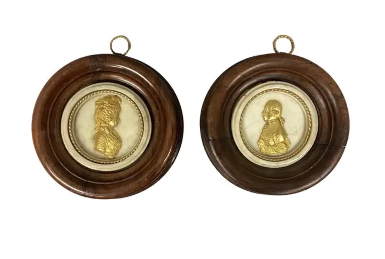 Pair Of 19th Century Doré Bronze Portrait Medallions Mounted on Carrara Marble For Sale 3