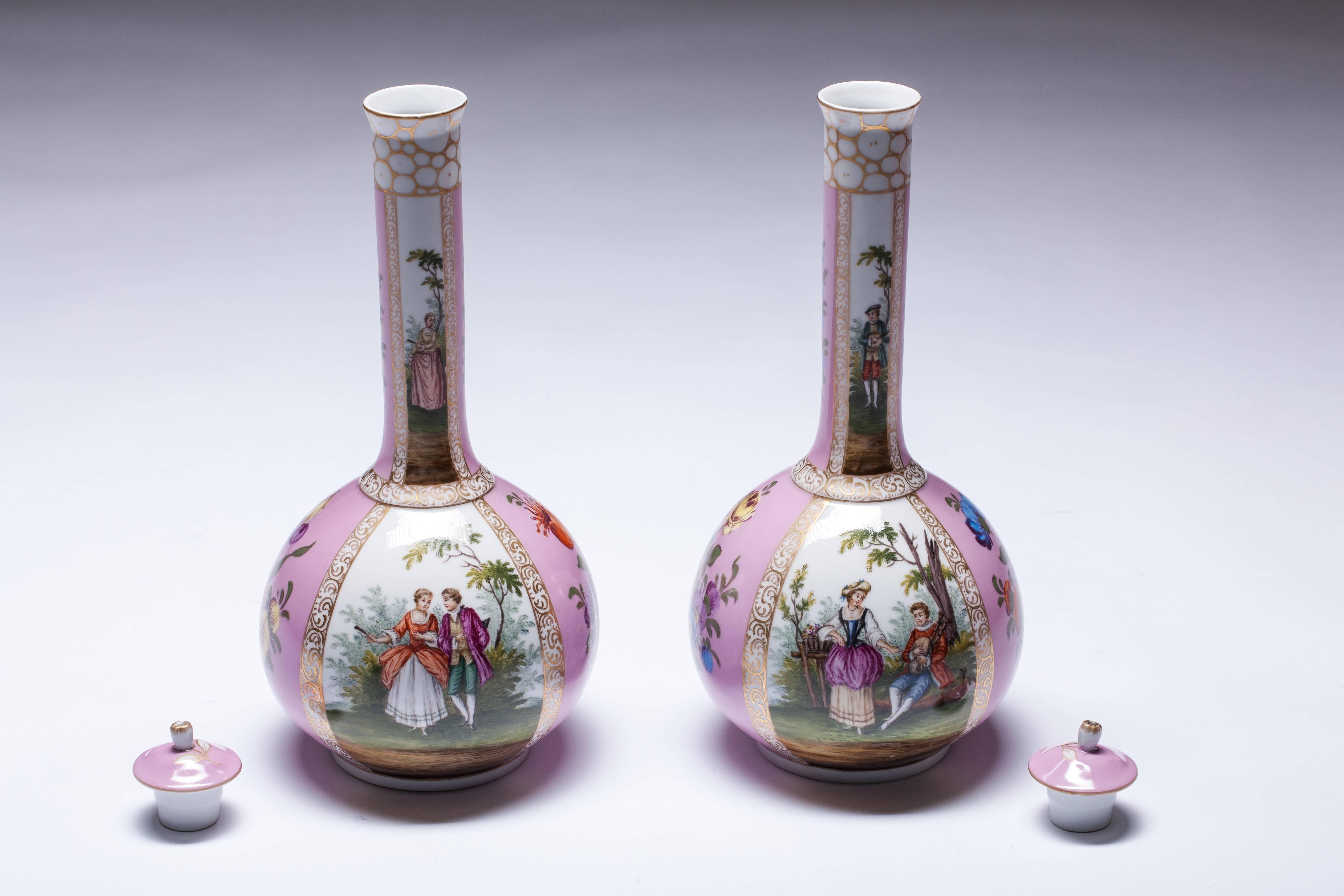 Pair of 19th Century Dresden Porcelain Bottle Shaped Vases with Covers For Sale 6