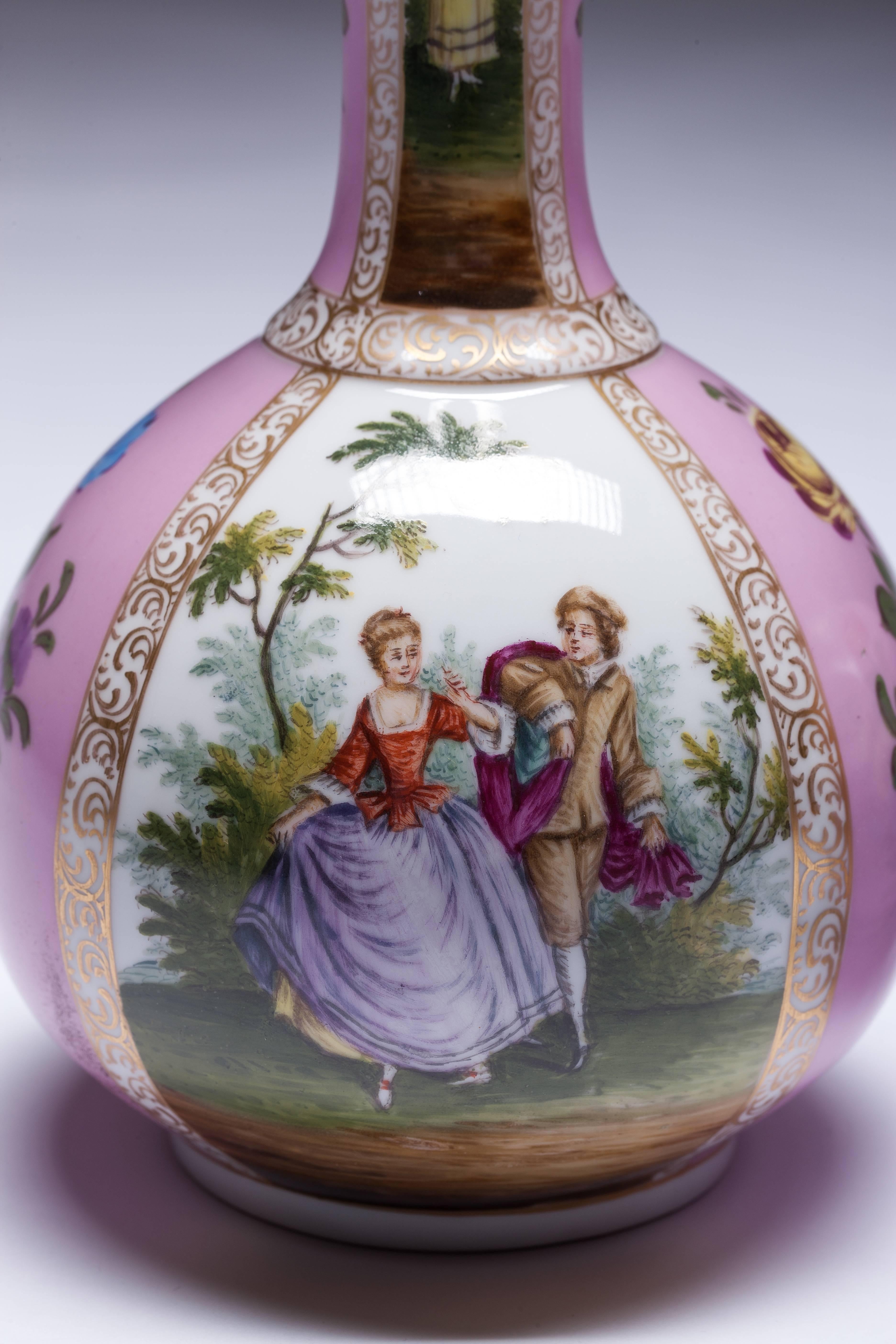 Rococo Pair of 19th Century Dresden Porcelain Bottle Shaped Vases with Covers For Sale