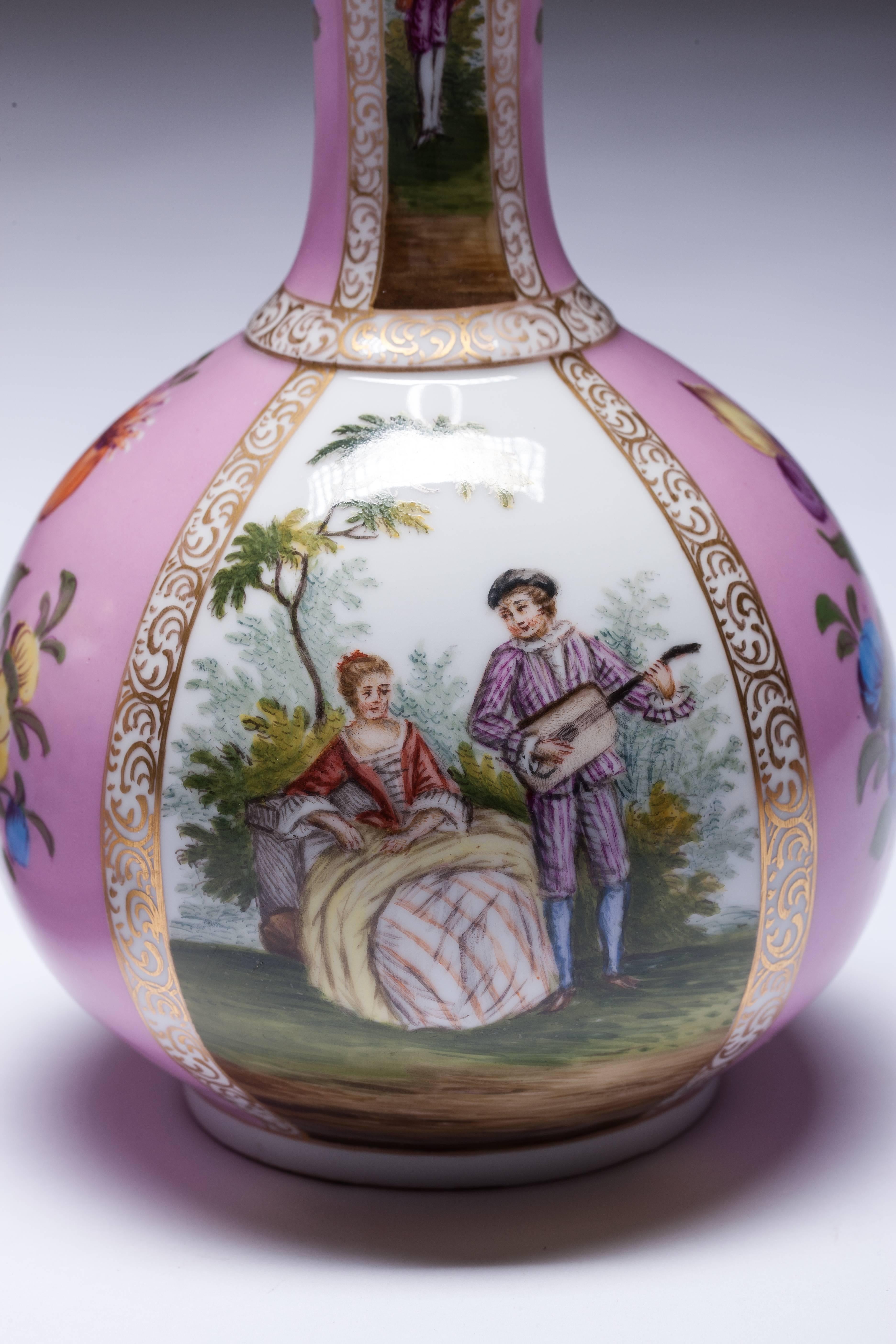 Hand-Painted Pair of 19th Century Dresden Porcelain Bottle Shaped Vases with Covers For Sale
