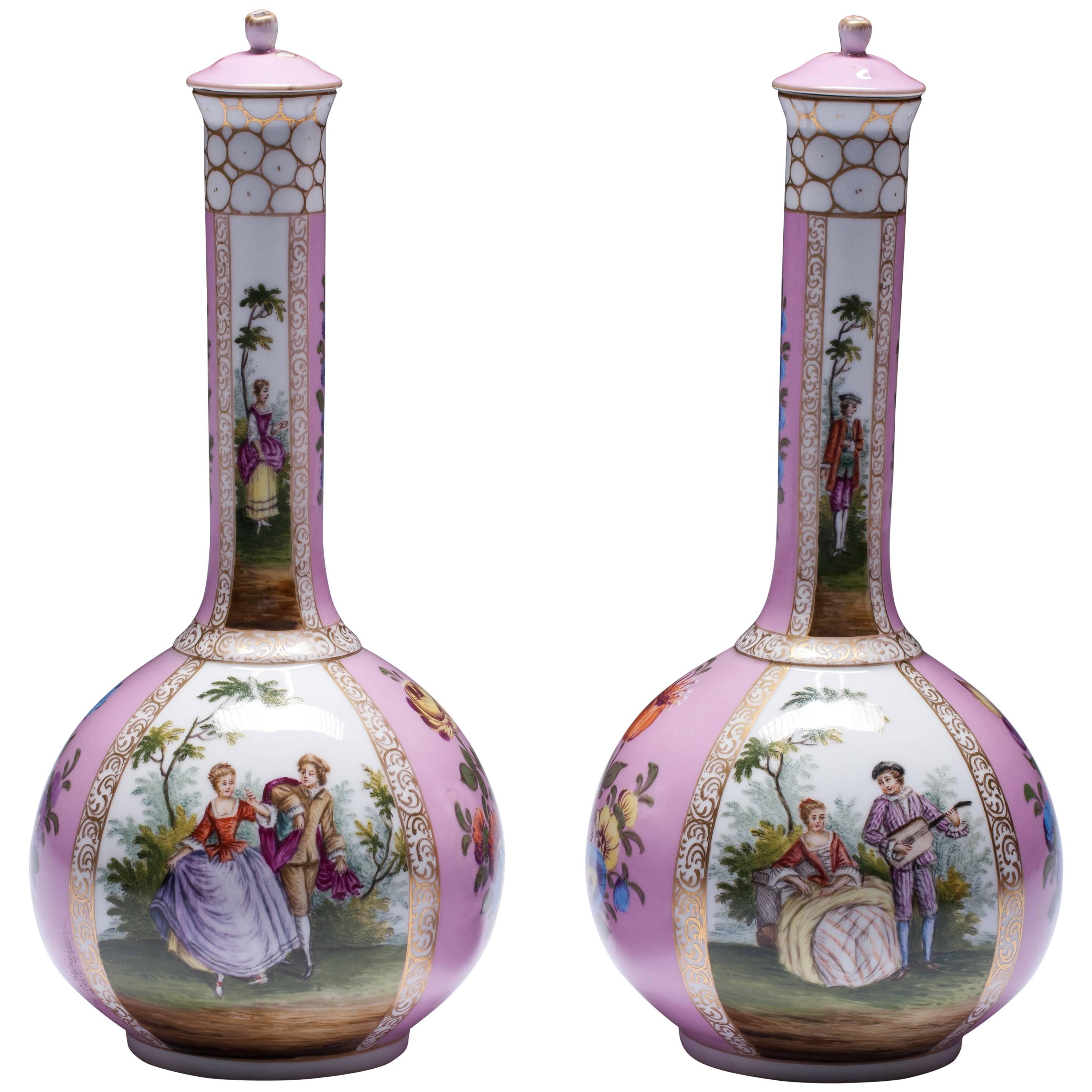 Pair of 19th Century Dresden Porcelain Bottle Shaped Vases with Covers For Sale