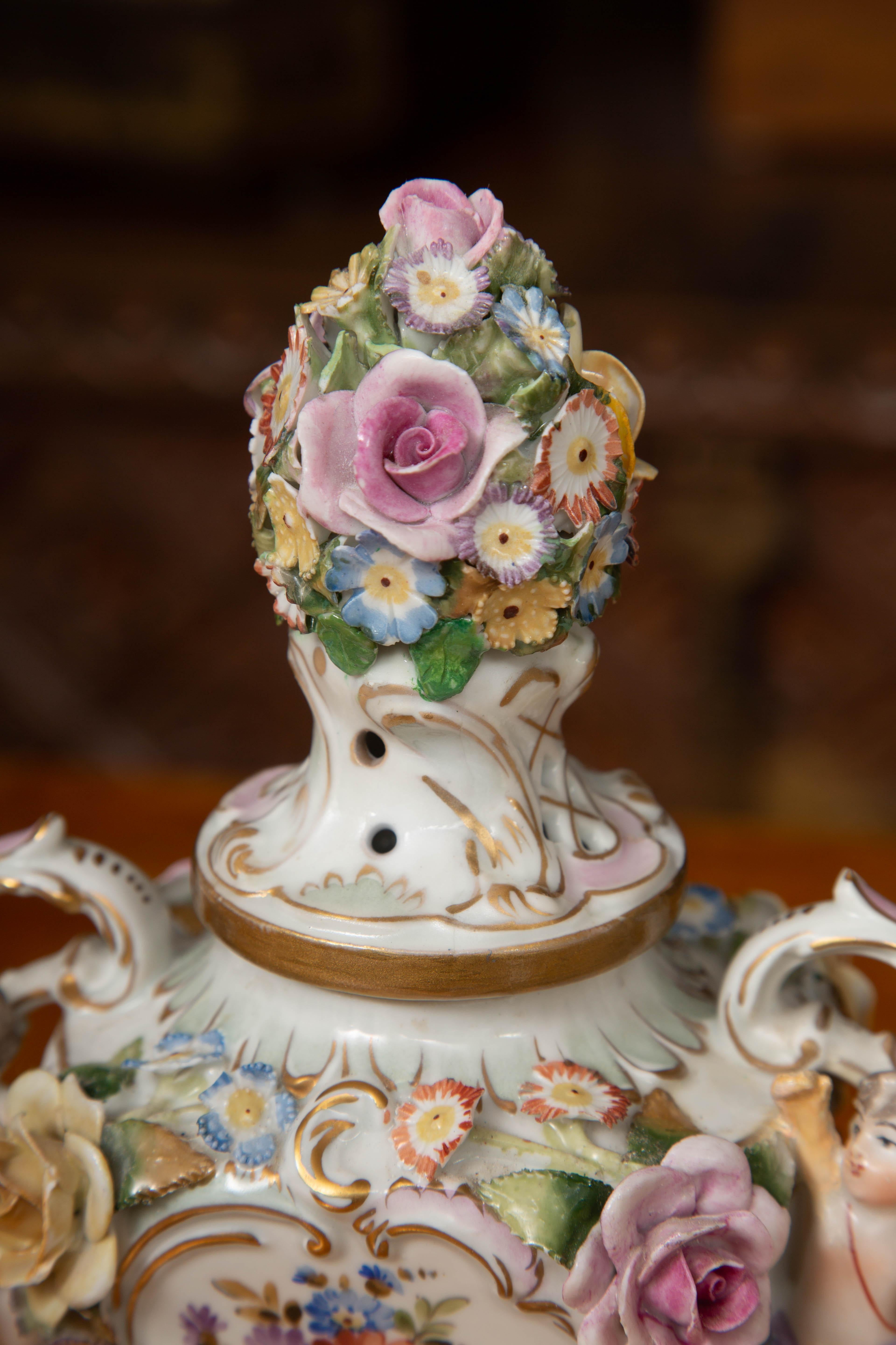 Other Pair of 19th Century Dresden Style Lidded Potpourri Vases