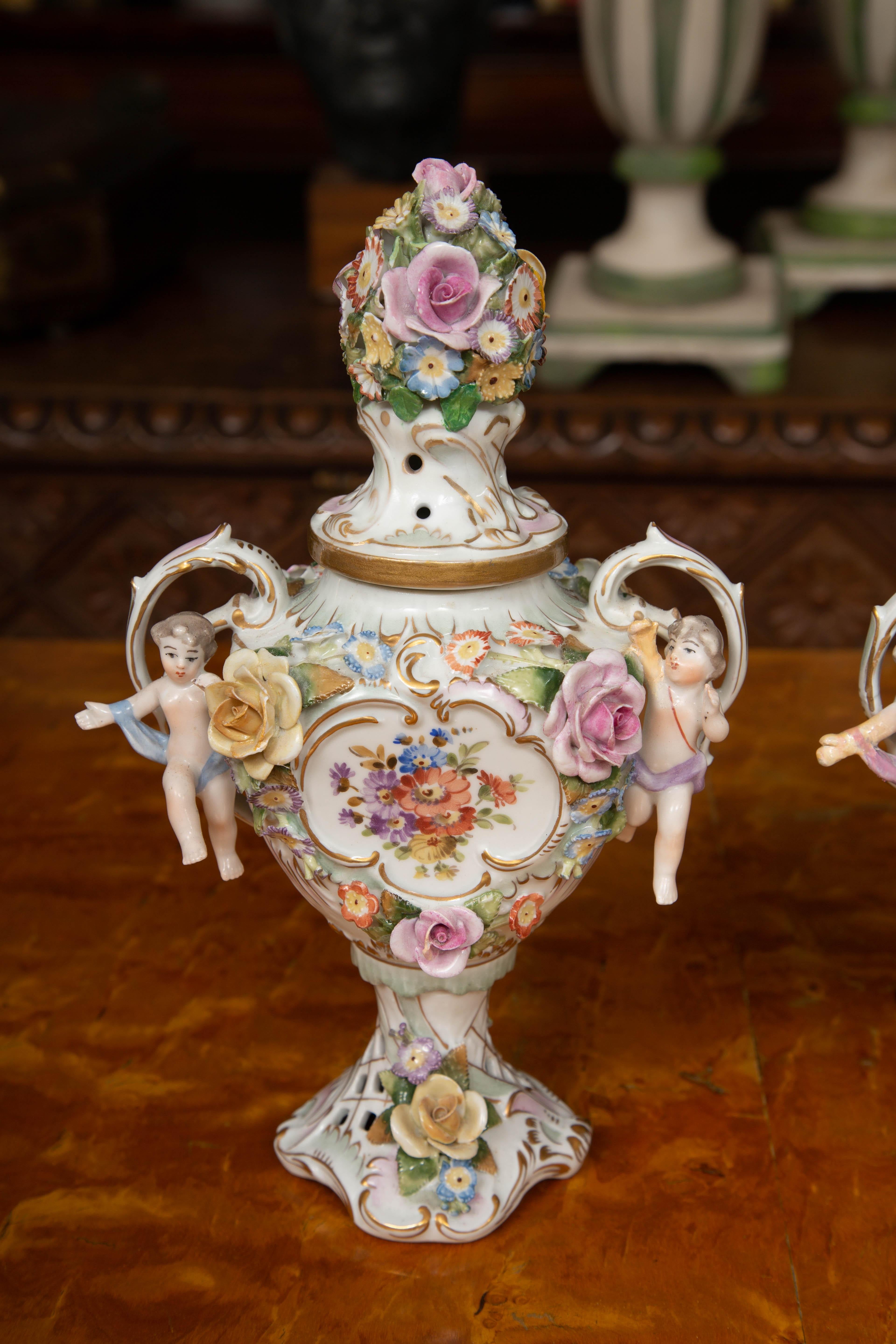 Hand-Painted Pair of 19th Century Dresden Style Lidded Potpourri Vases