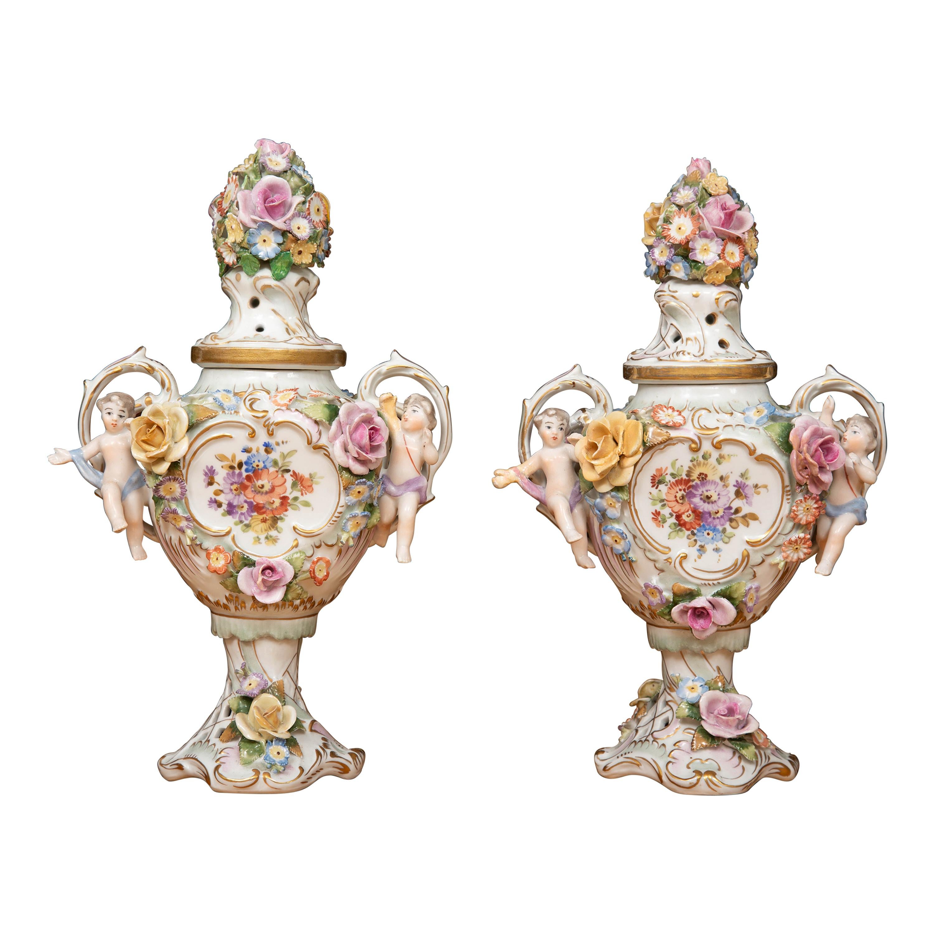 Pair of 19th Century Dresden Style Lidded Potpourri Vases