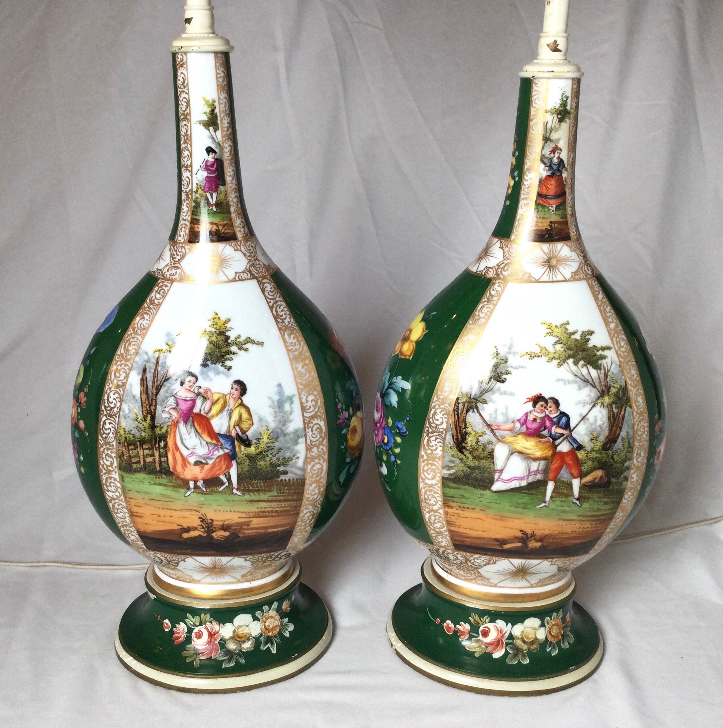 German Pair of 19th Century Dresden Vases Now as Lamps
