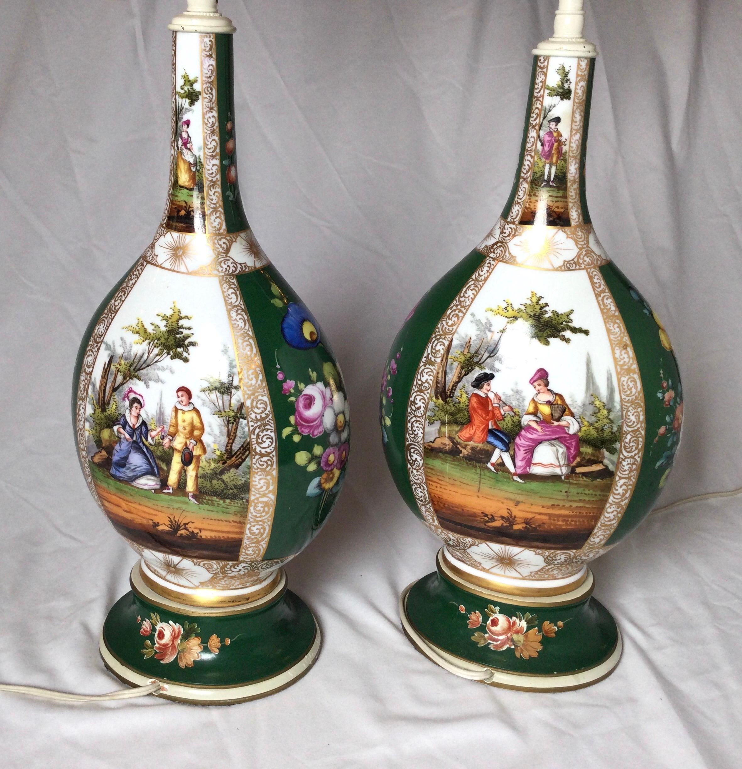 Porcelain Pair of 19th Century Dresden Vases Now as Lamps