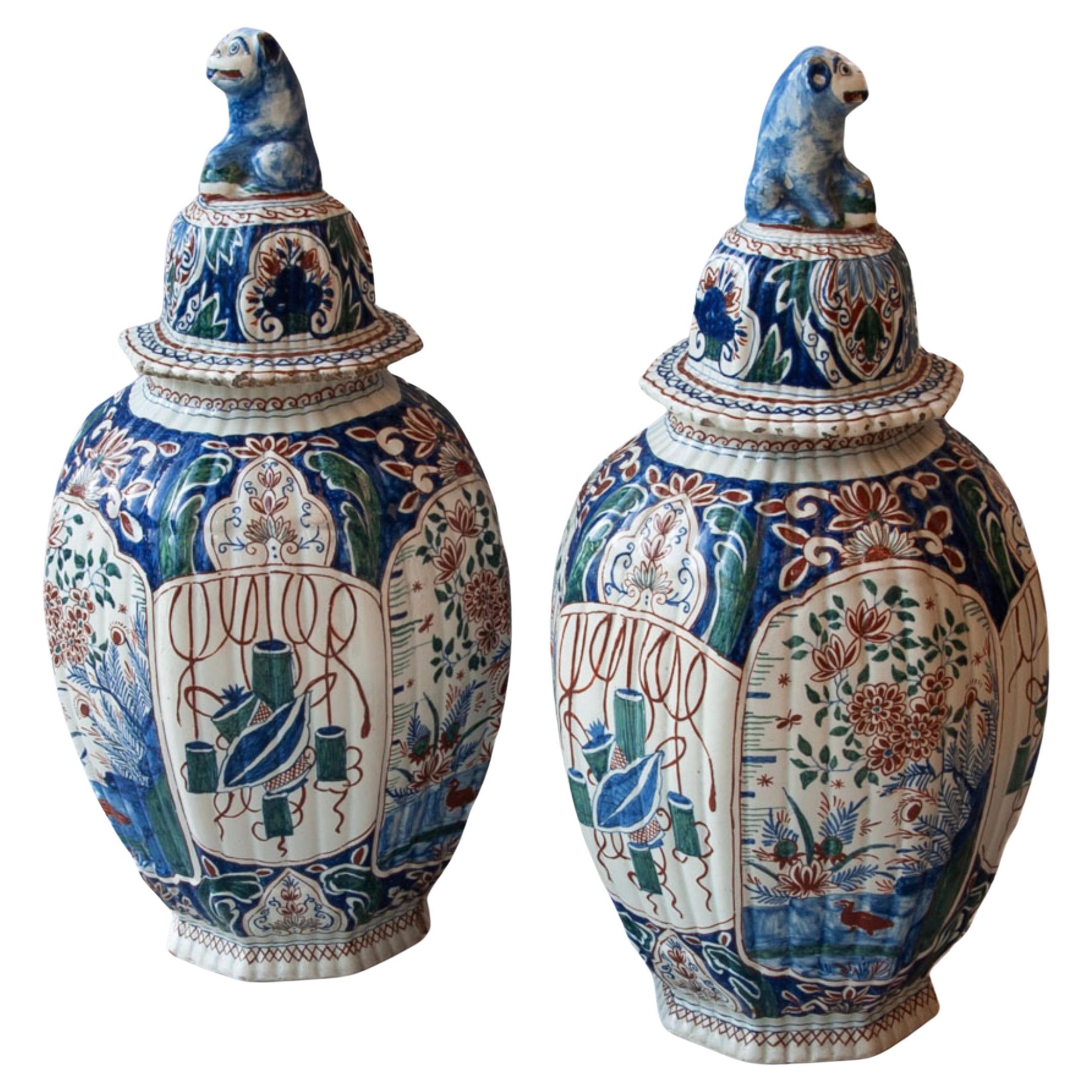 Pair of 19th Century Dutch Antique Delft Polychrome Vases with Covers For Sale