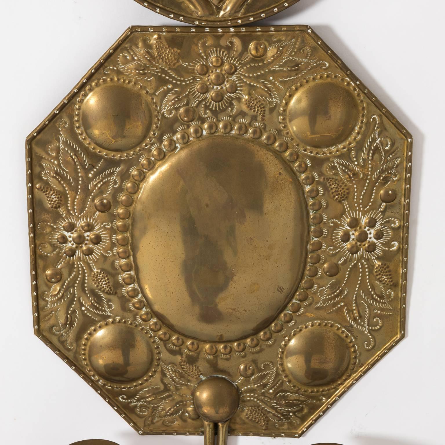 Pair of 19th Century Dutch Brass Repousse Sconces 8