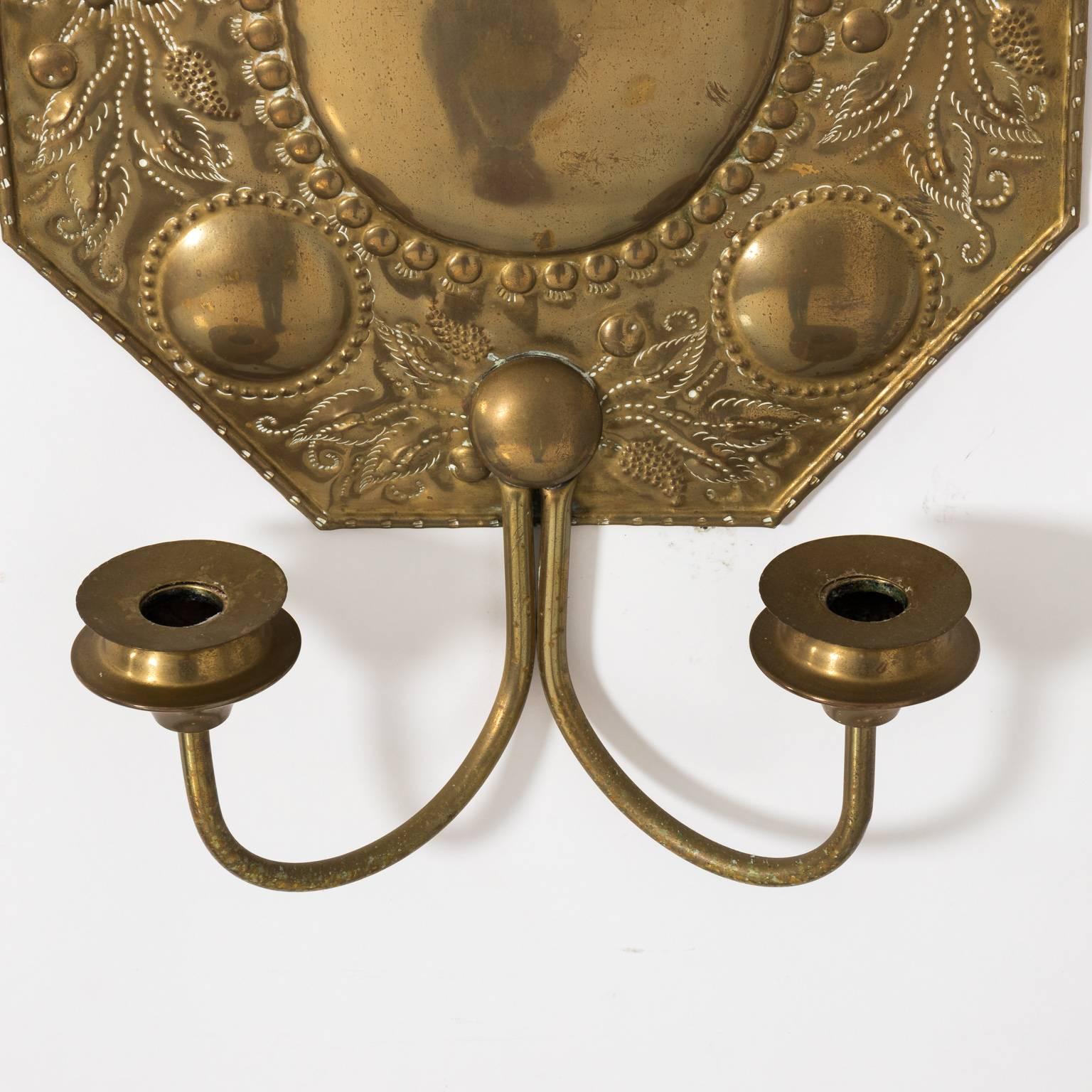 Pair of 19th Century Dutch Brass Repousse Sconces 9