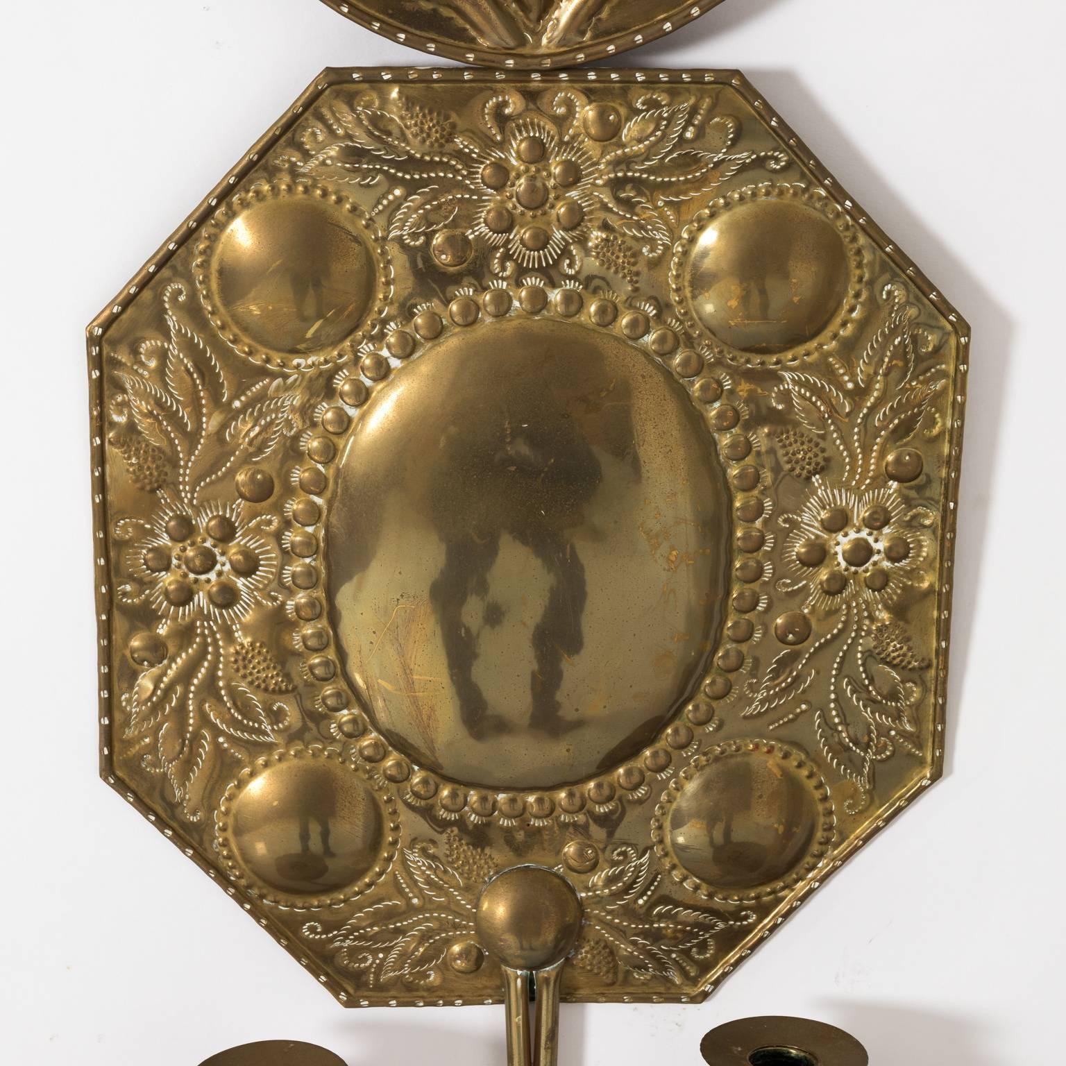 Pair of 19th Century Dutch Brass Repousse Sconces In Good Condition In Stamford, CT