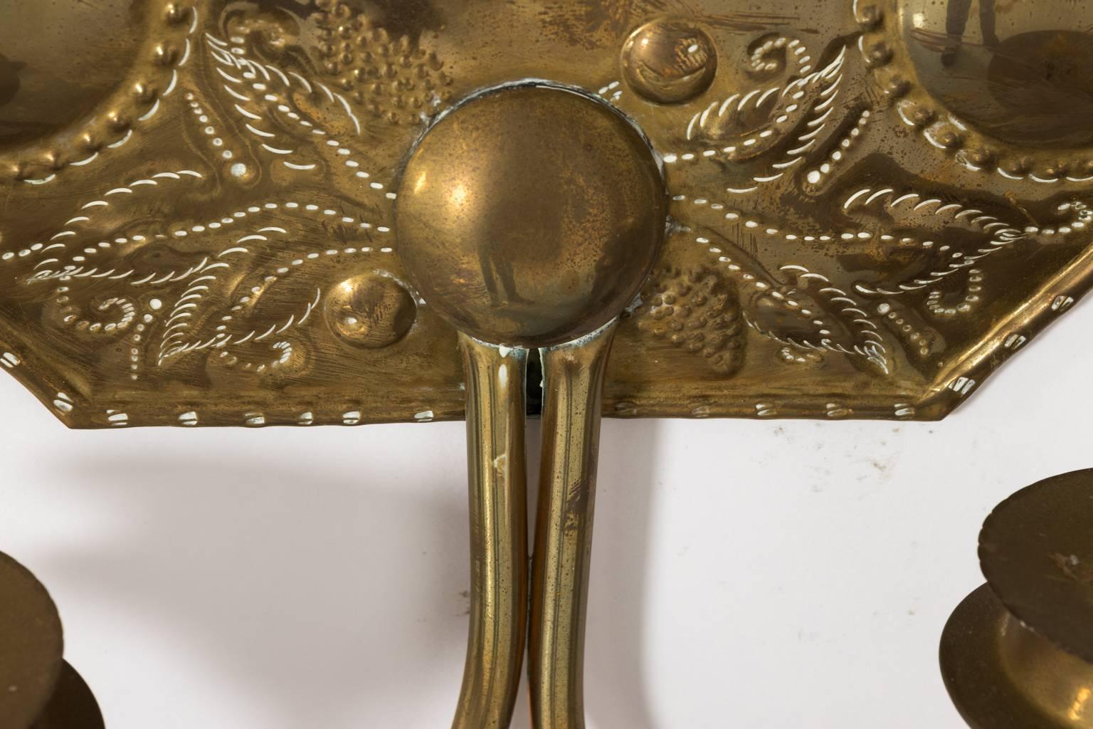 Pair of 19th Century Dutch Brass Repousse Sconces 4
