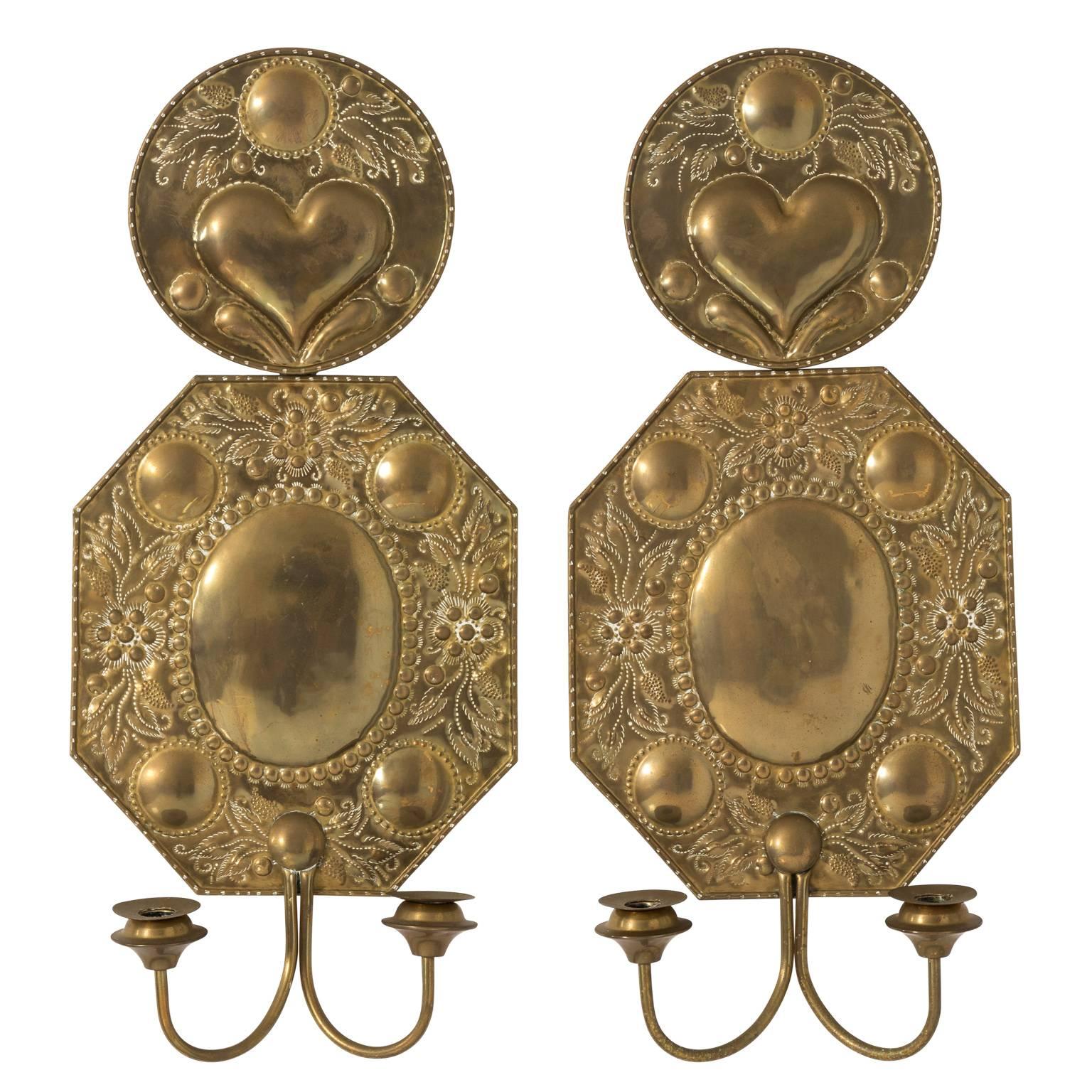 Pair of 19th Century Dutch Brass Repousse Sconces