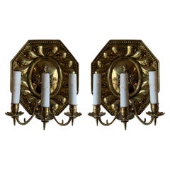 Pair of 19th Century Dutch Brass Repousse Sconces with Fleur-de-Lis Motif