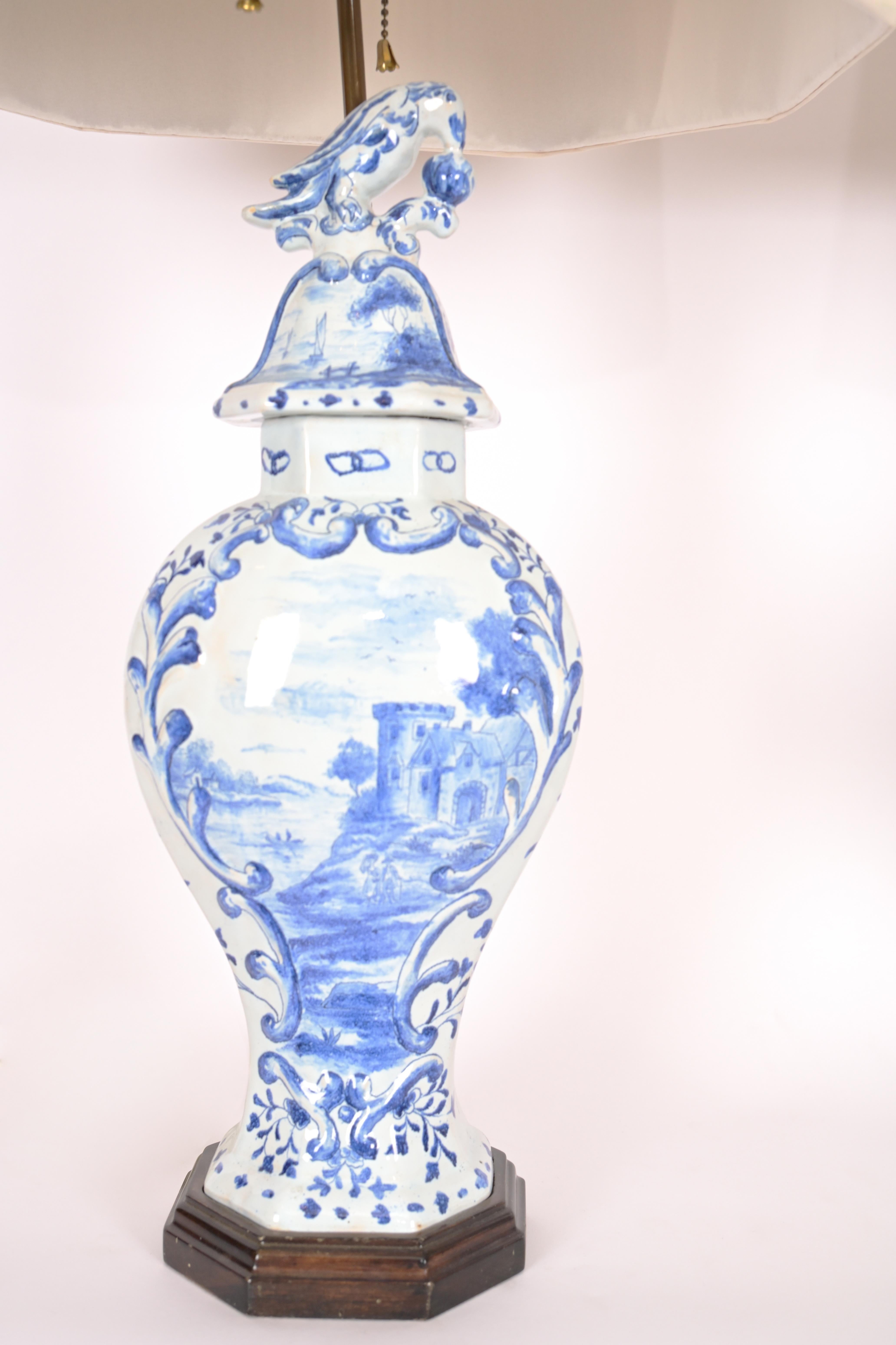 Hand-Painted Pair of 19th Century Dutch Delft Blue Vase Lamps For Sale