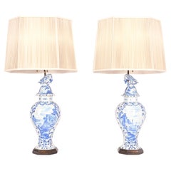 Antique Pair of 19th Century Dutch Delft Blue Vase Lamps