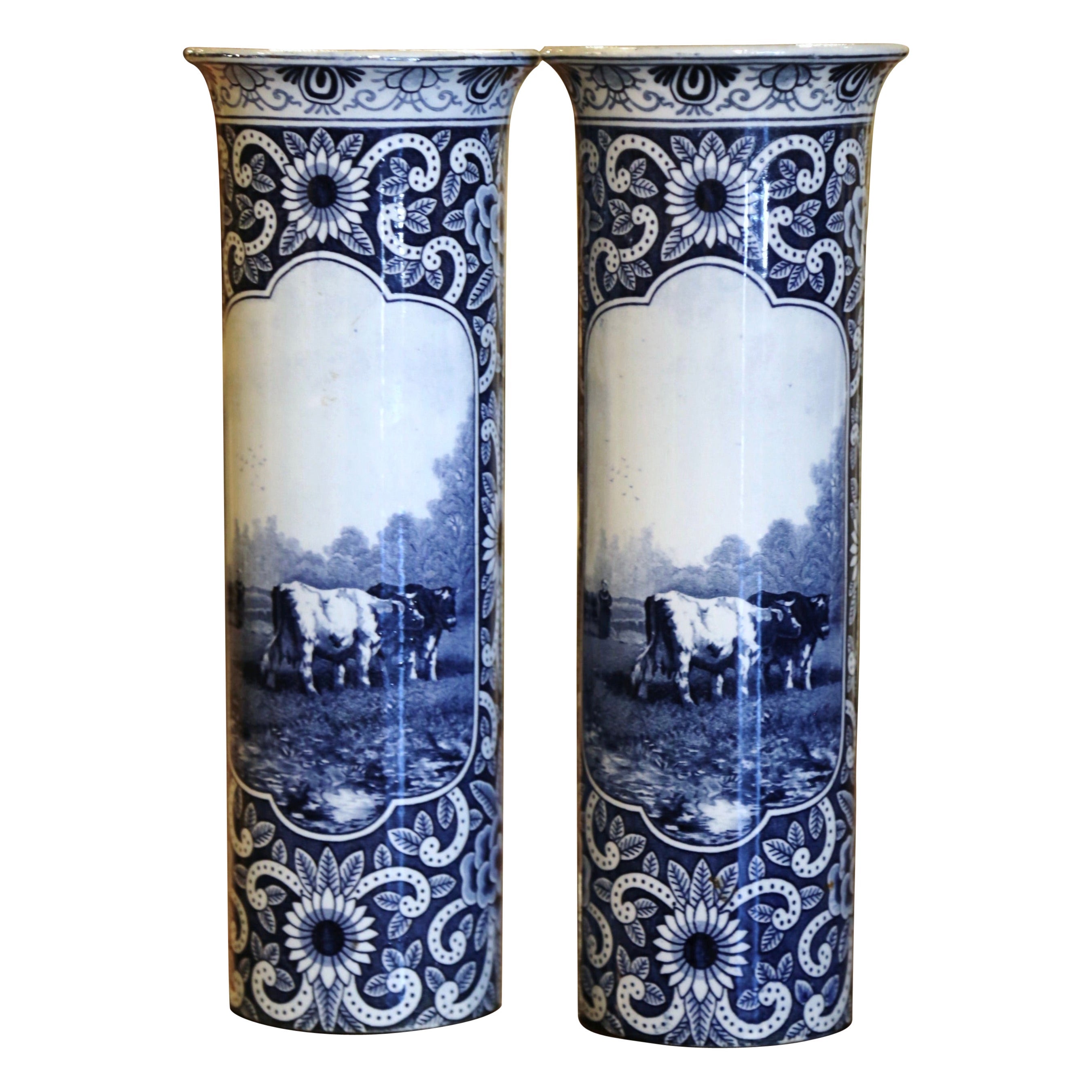 Pair of 19th Century Dutch Delft Blue and White Faience Cattle Scene Vases