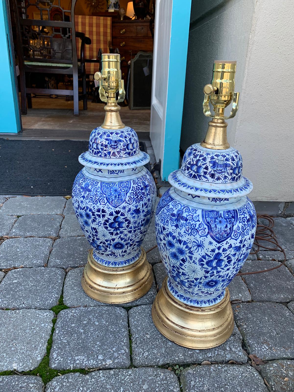 Pair of 19th Century Dutch Delft Blue and White Lamps, Gilded Bases 2