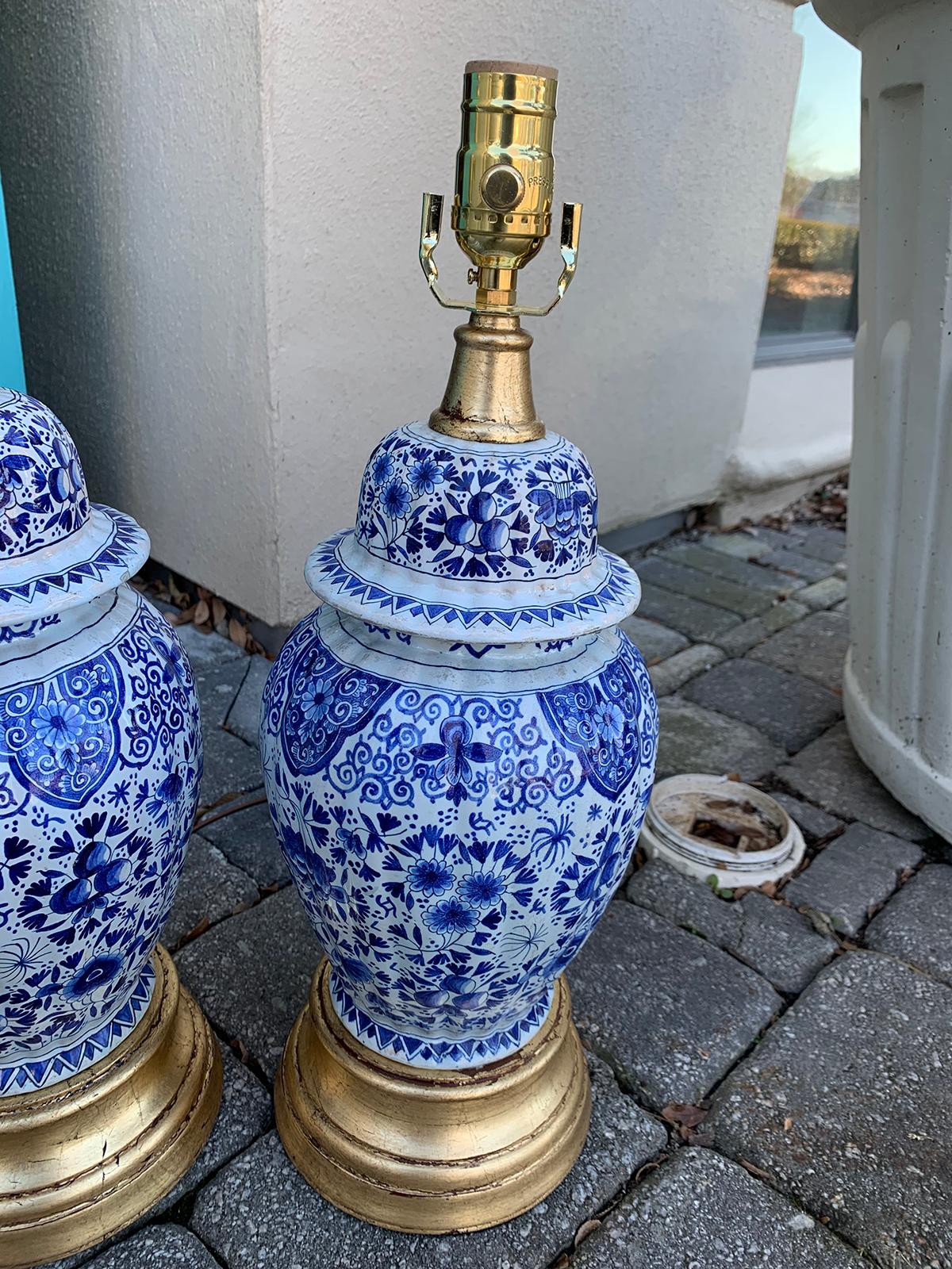 Pair of 19th Century Dutch Delft Blue and White Lamps, Gilded Bases 3