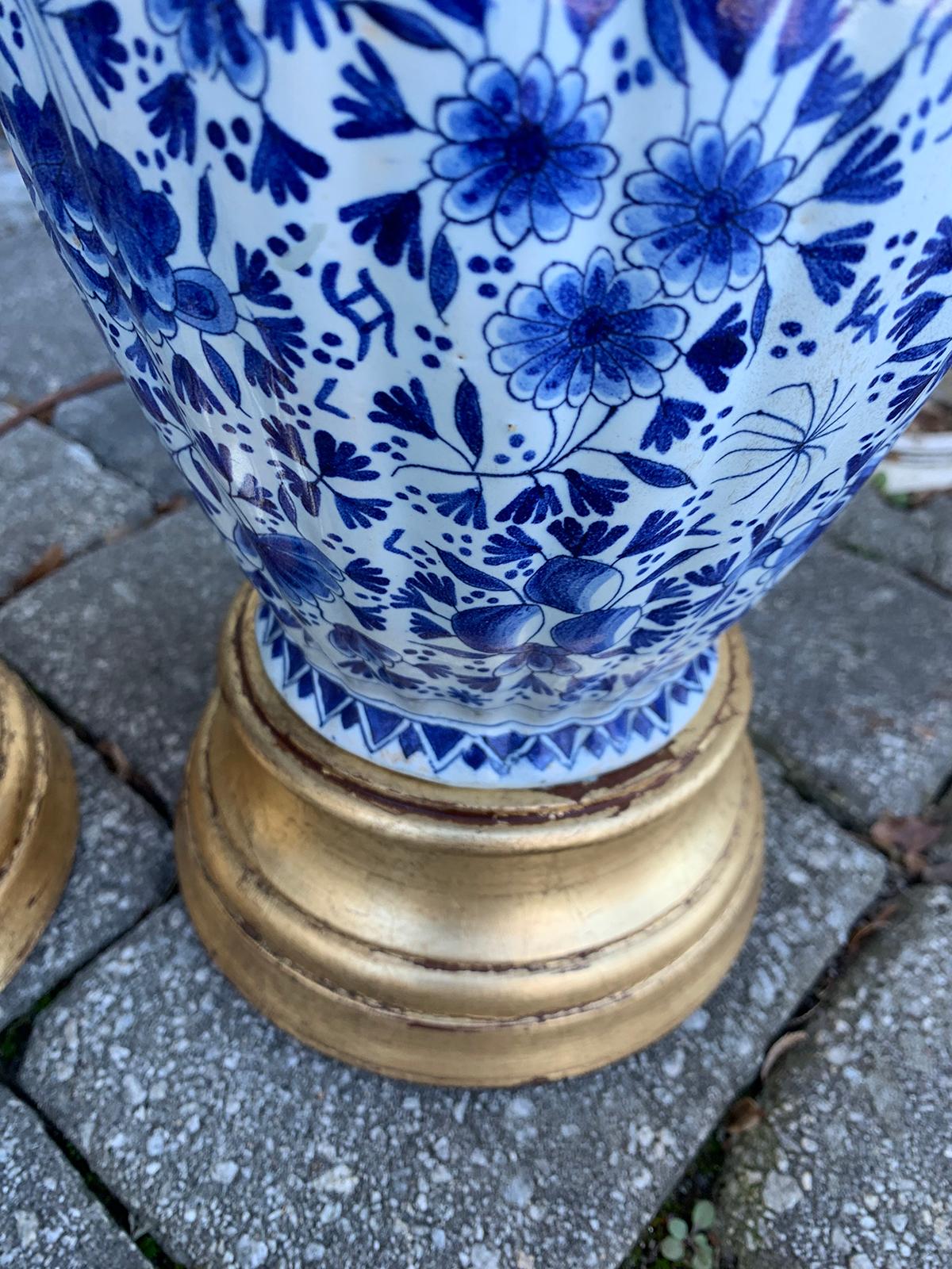Pair of 19th Century Dutch Delft Blue and White Lamps, Gilded Bases 4