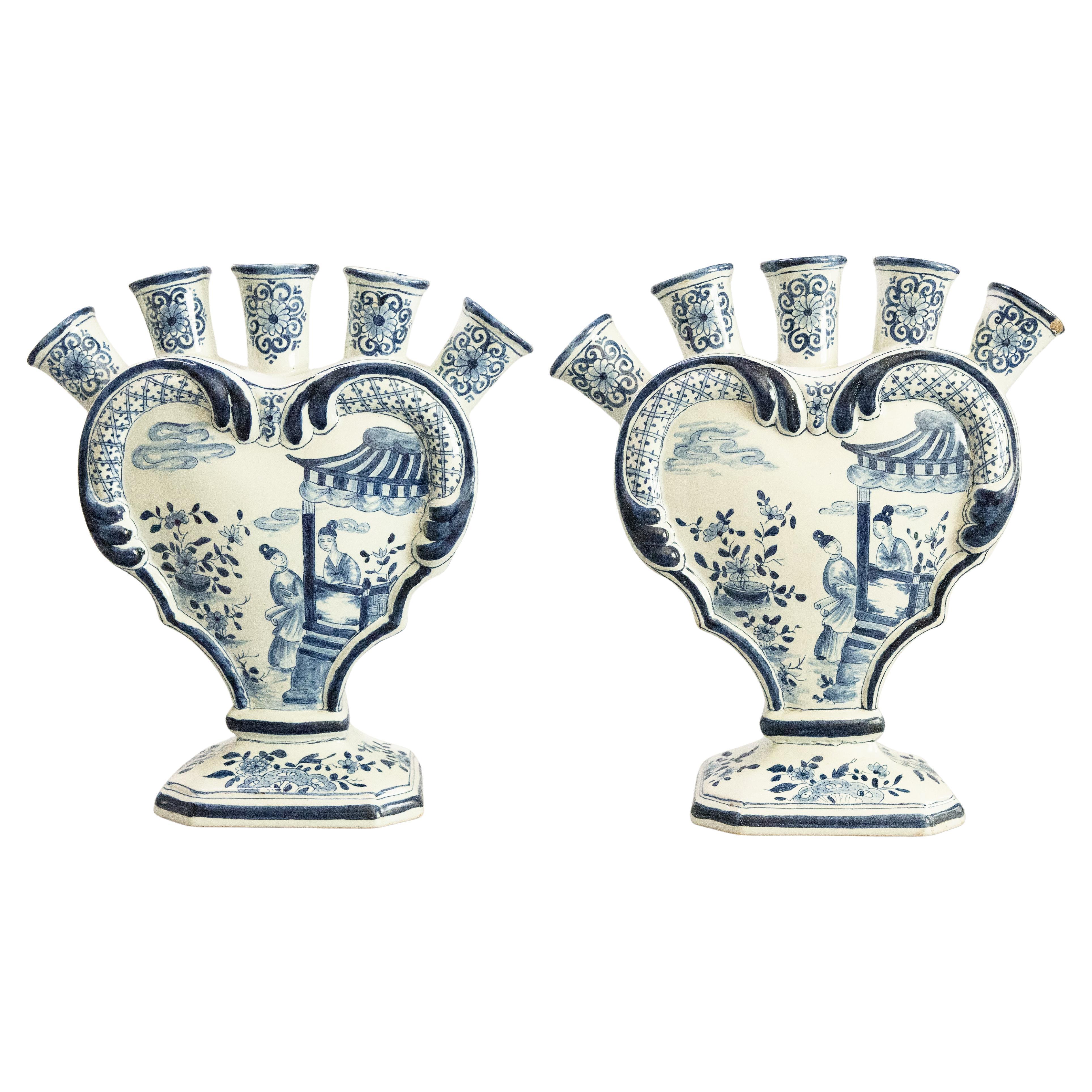 Pair of 19th Century Dutch Delft Faience Chinoiserie Tulip Vases Tulipieres For Sale