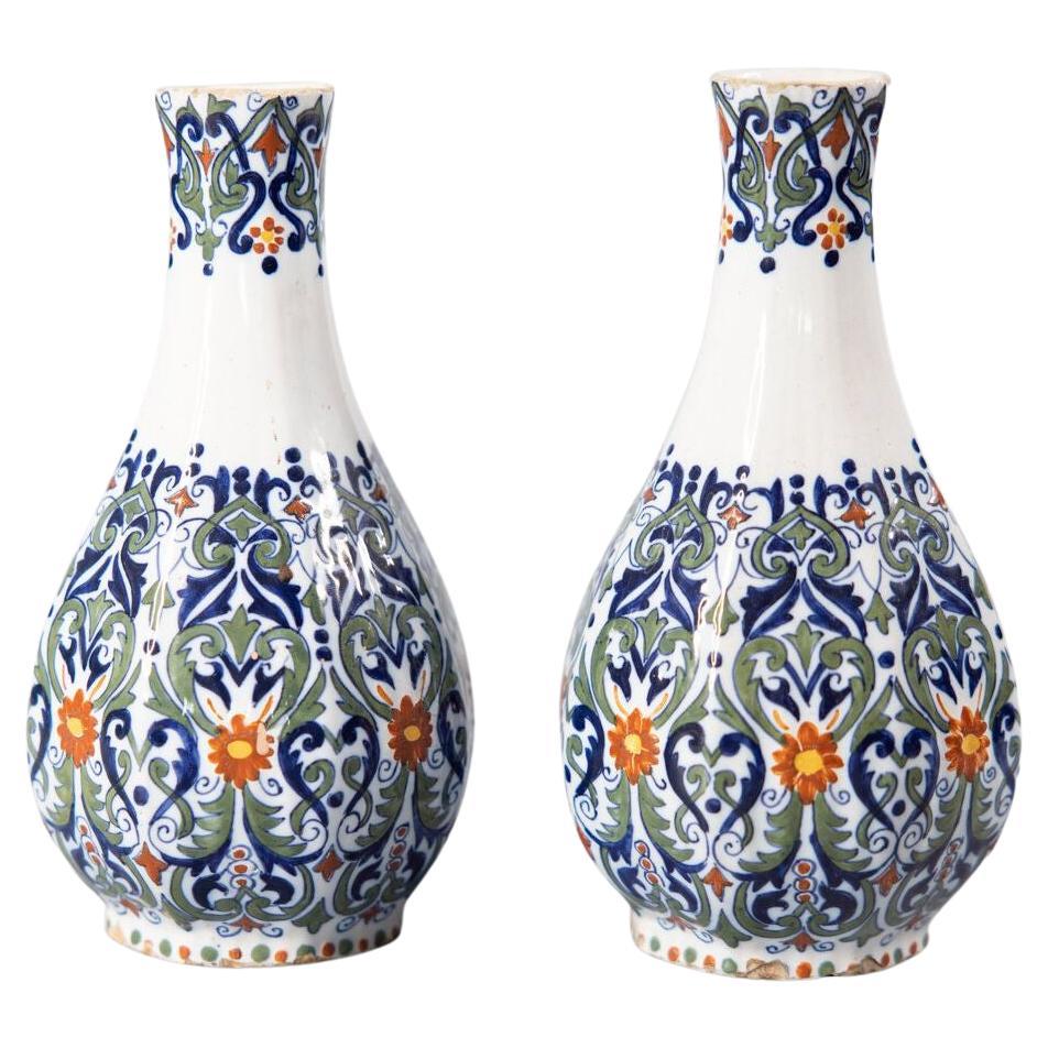 Pair of 19th Century Dutch Delft Faience Polychrome Vases For Sale