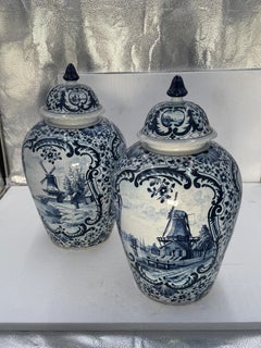 Pair of 19th Century Dutch Earthenware Delft Covered Vases from Makkum Holland