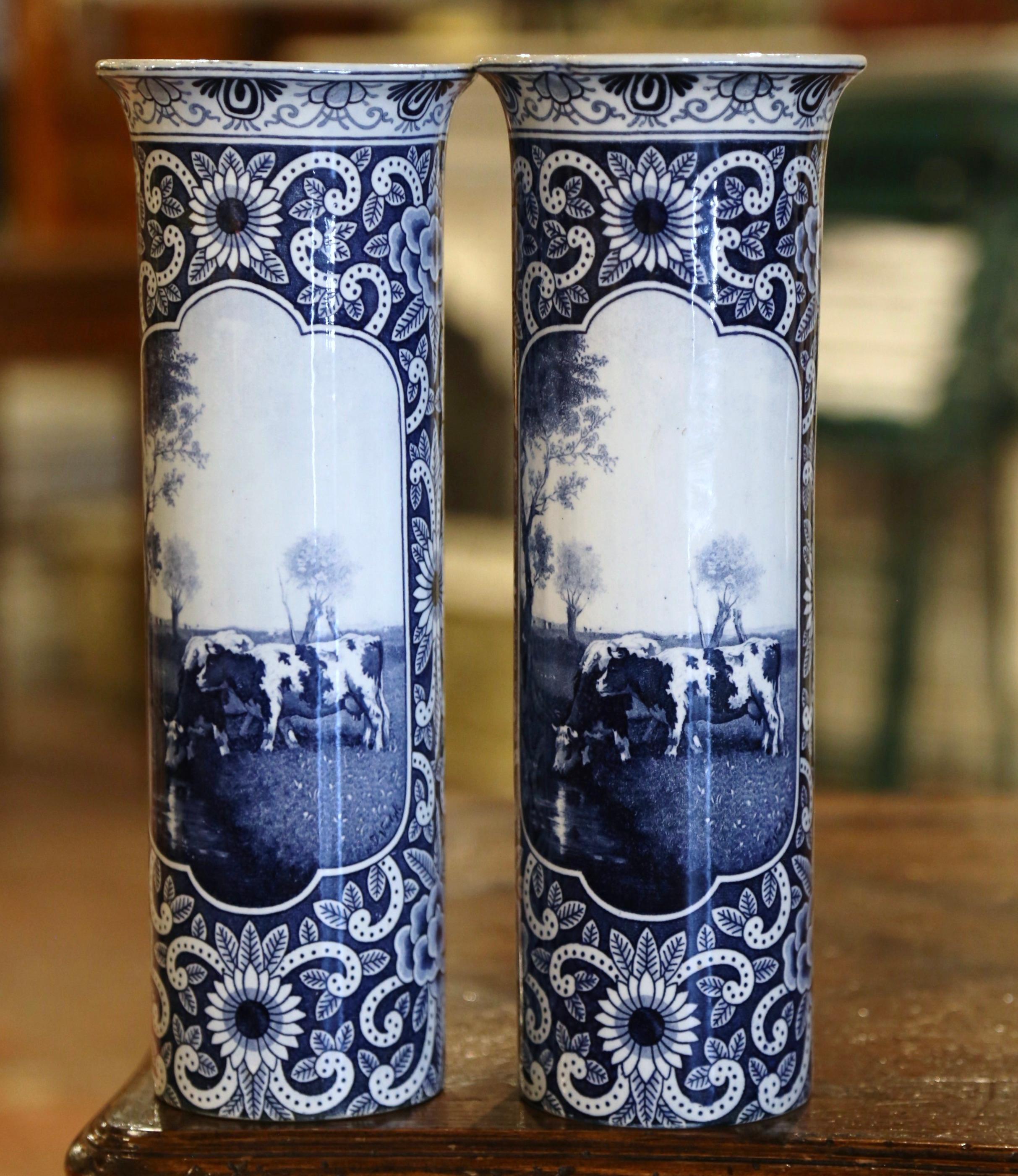 Pair of 19th Century Dutch Hand Painted Faience Delft Vases with Cattle Motifs For Sale 4