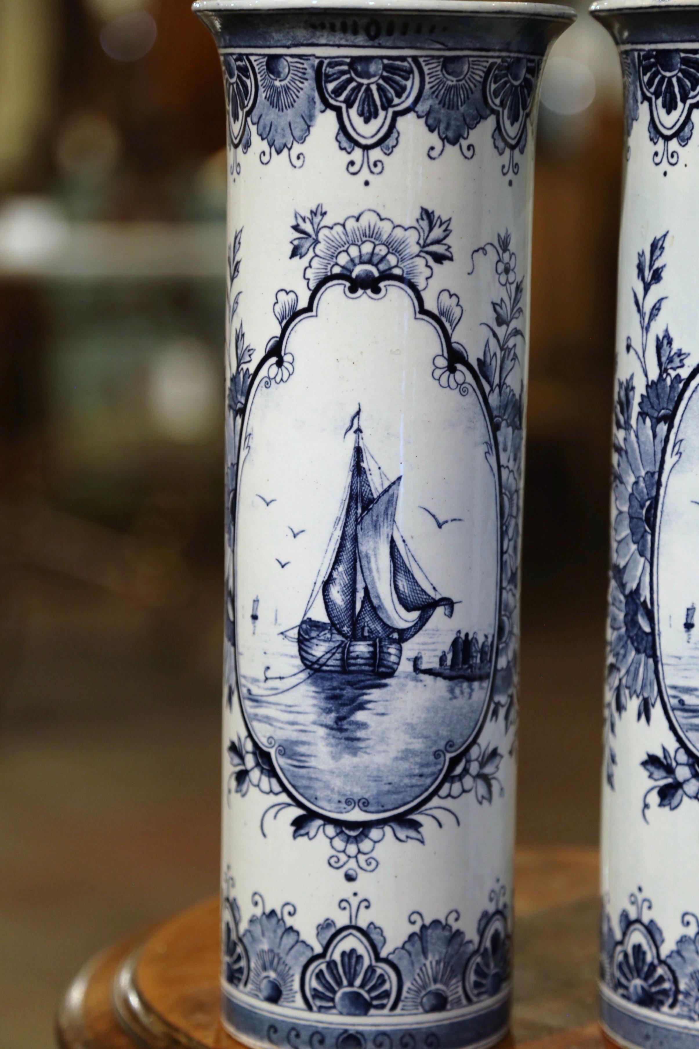 Hand-Crafted Pair of 19th Century Dutch Hand Painted Faience Delft Vases with Sailboat Motifs For Sale