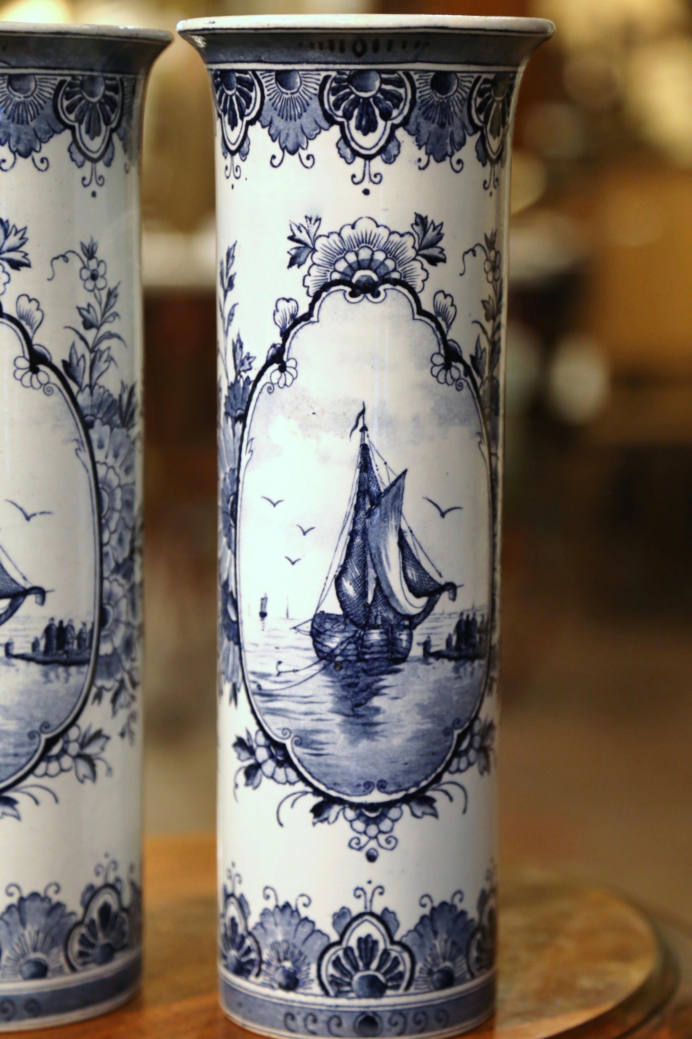 Pair of 19th Century Dutch Hand Painted Faience Delft Vases with Sailboat Motifs In Excellent Condition For Sale In Dallas, TX