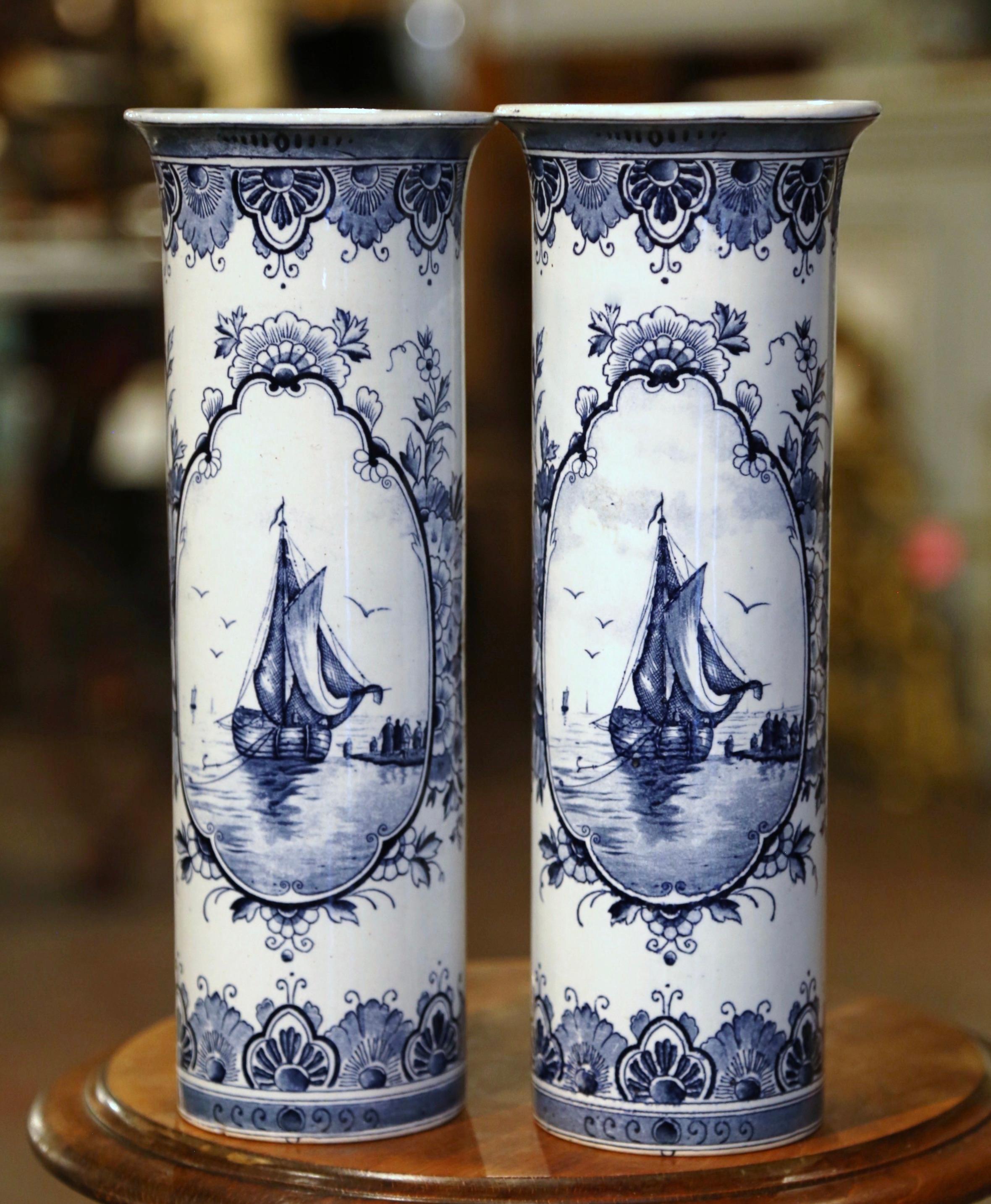 Ceramic Pair of 19th Century Dutch Hand Painted Faience Delft Vases with Sailboat Motifs For Sale
