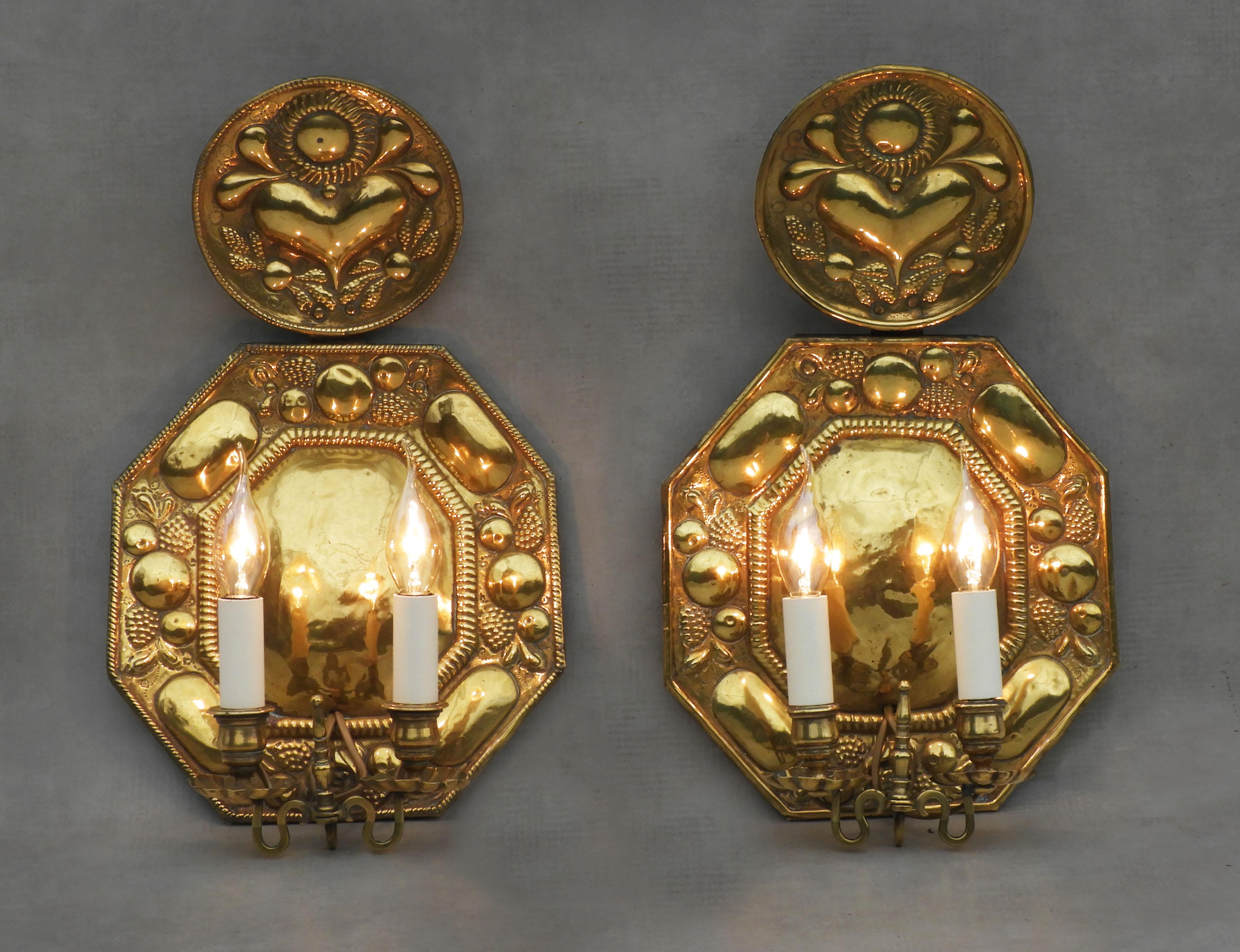 Pair of 19th Century Dutch Repoussé Brass Wall Light Sconces 2