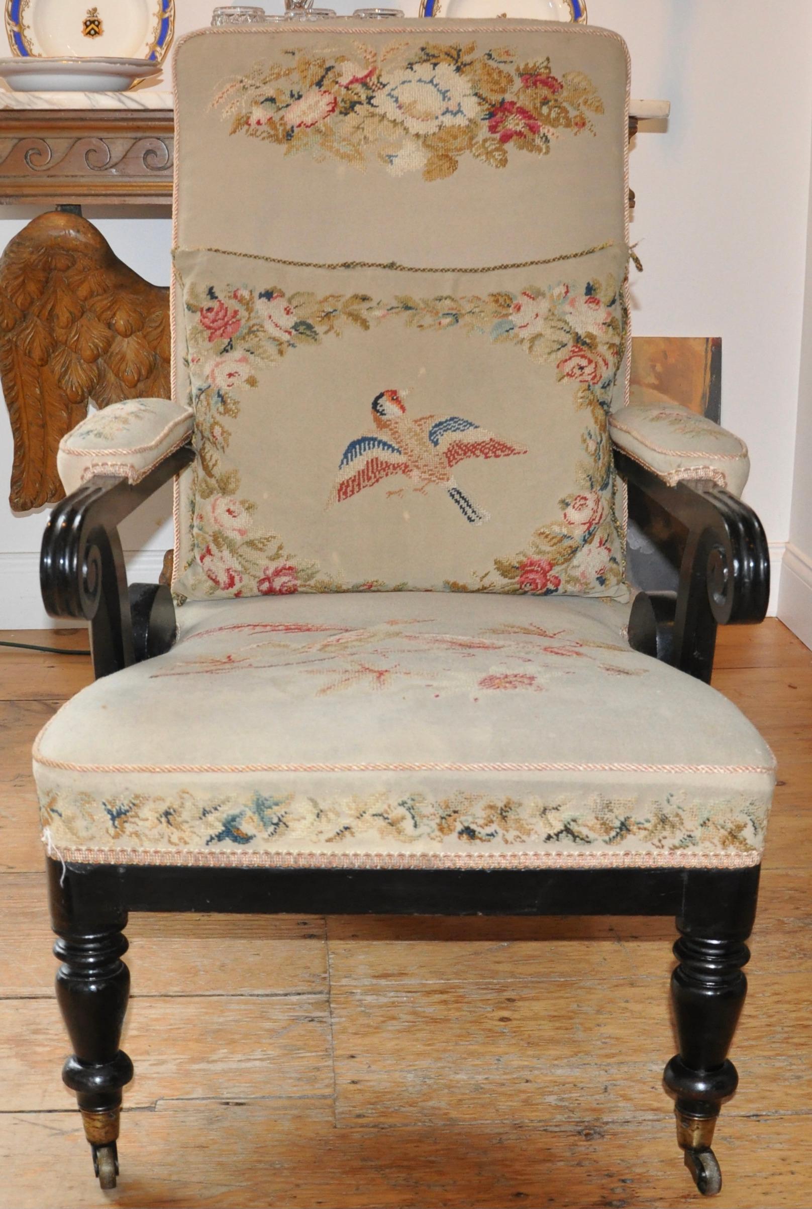 French Pair of 19th Century Ebonized Louis Napoleon Upholstered Armchairs