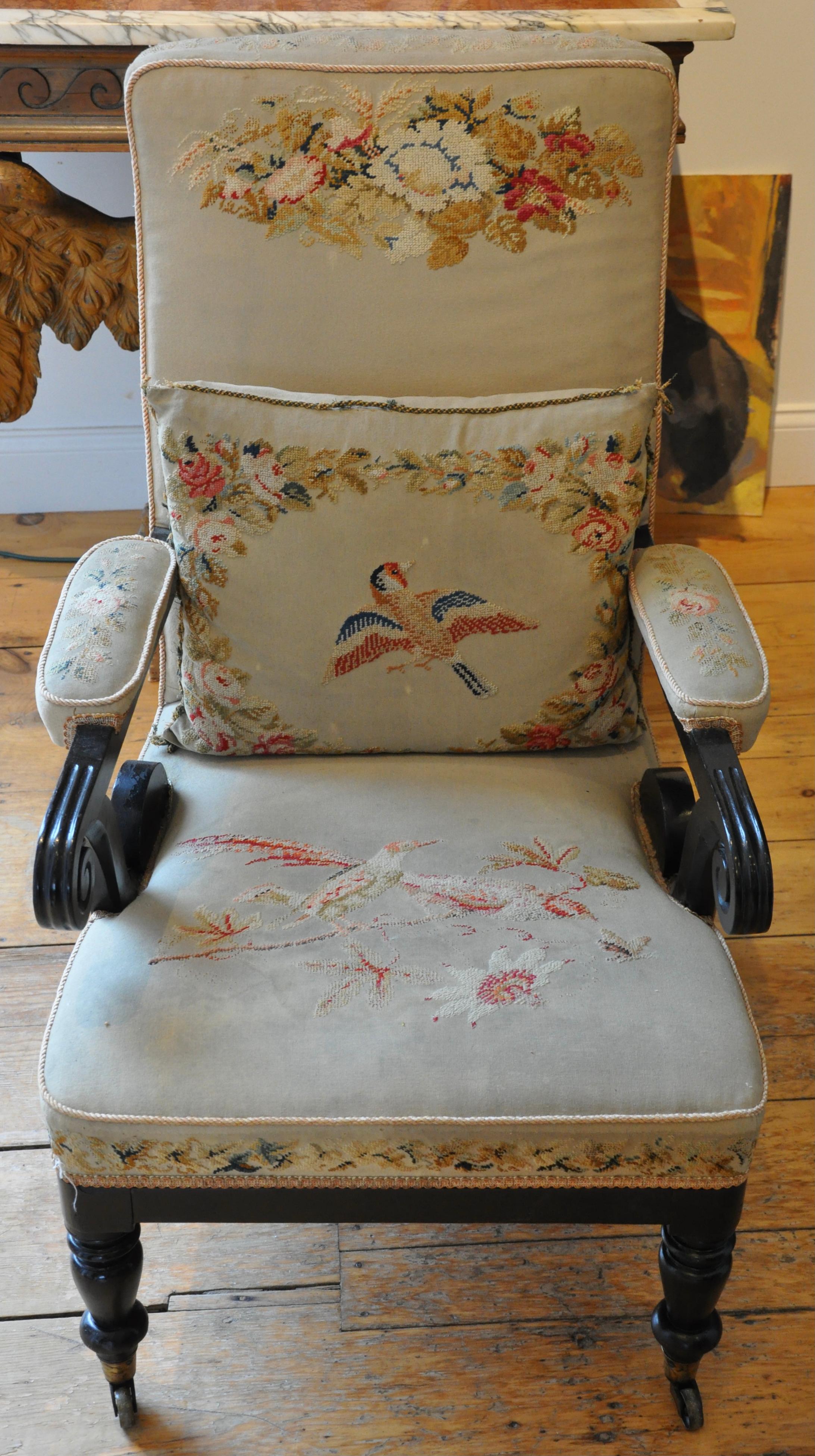 Pair of 19th Century Ebonized Louis Napoleon Upholstered Armchairs In Good Condition In Essex, MA