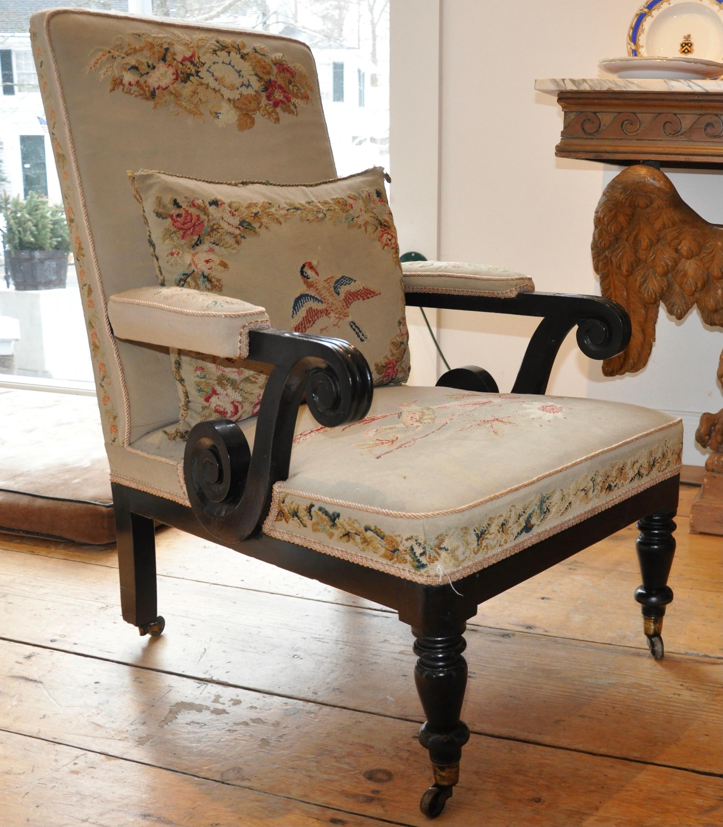 Pair of 19th Century Ebonized Louis Napoleon Upholstered Armchairs 1