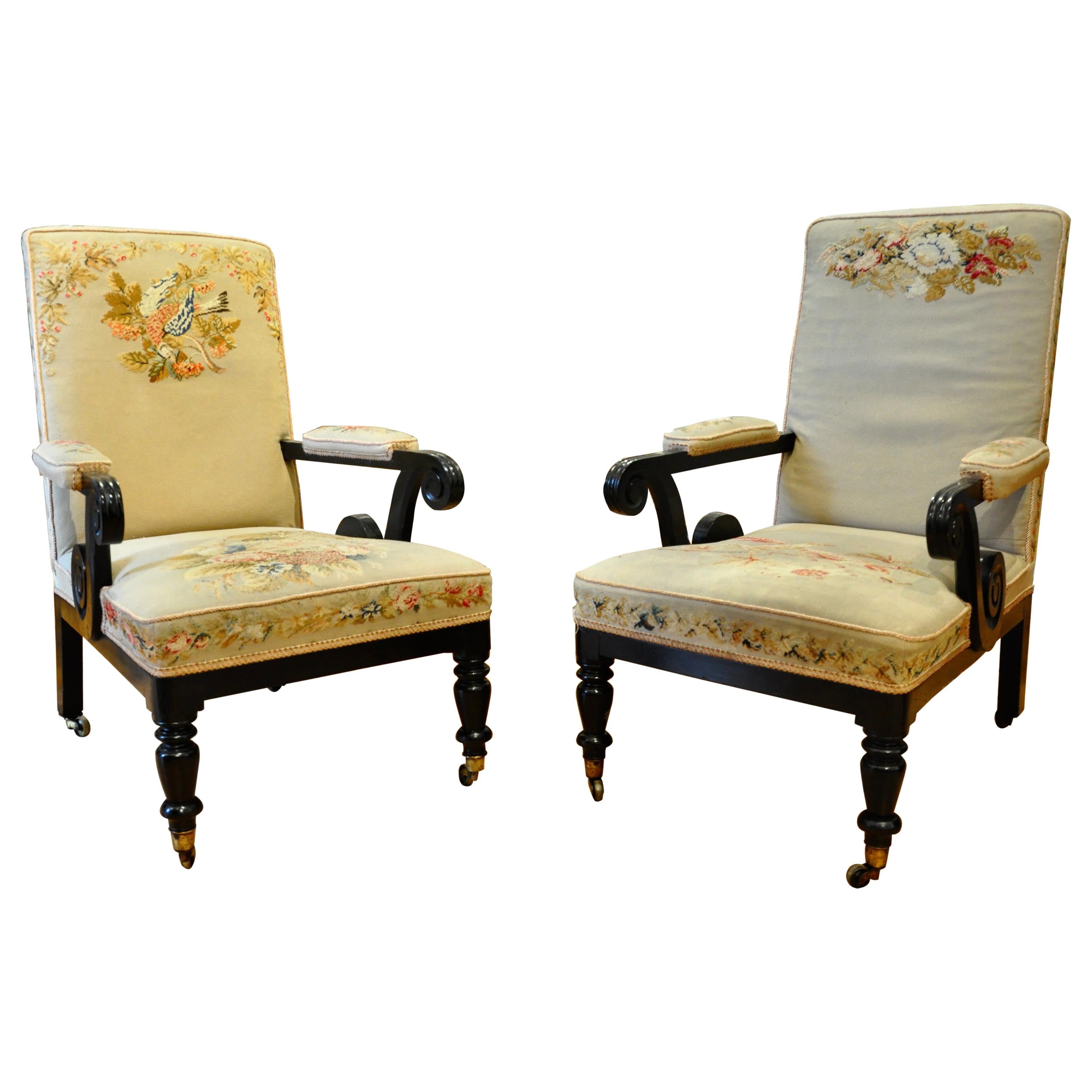 Pair of 19th Century Ebonized Louis Napoleon Upholstered Armchairs