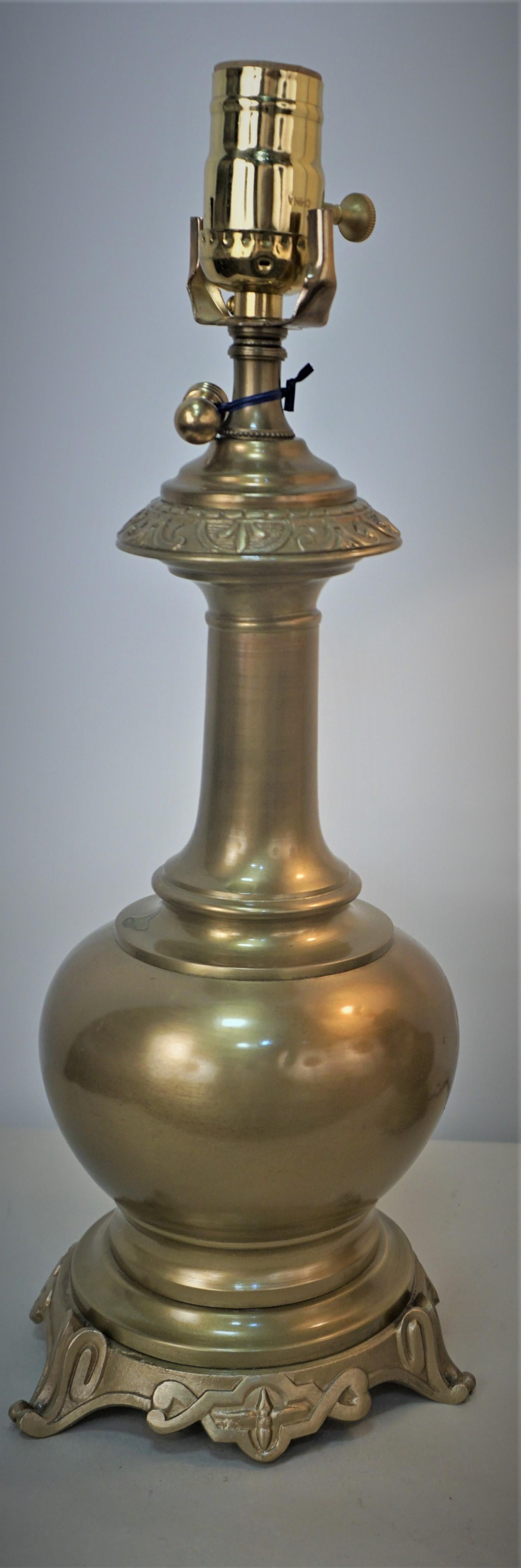 Pair of 19th century bronze table lamps that have been professionally electrified and fitted with silk lampshades.