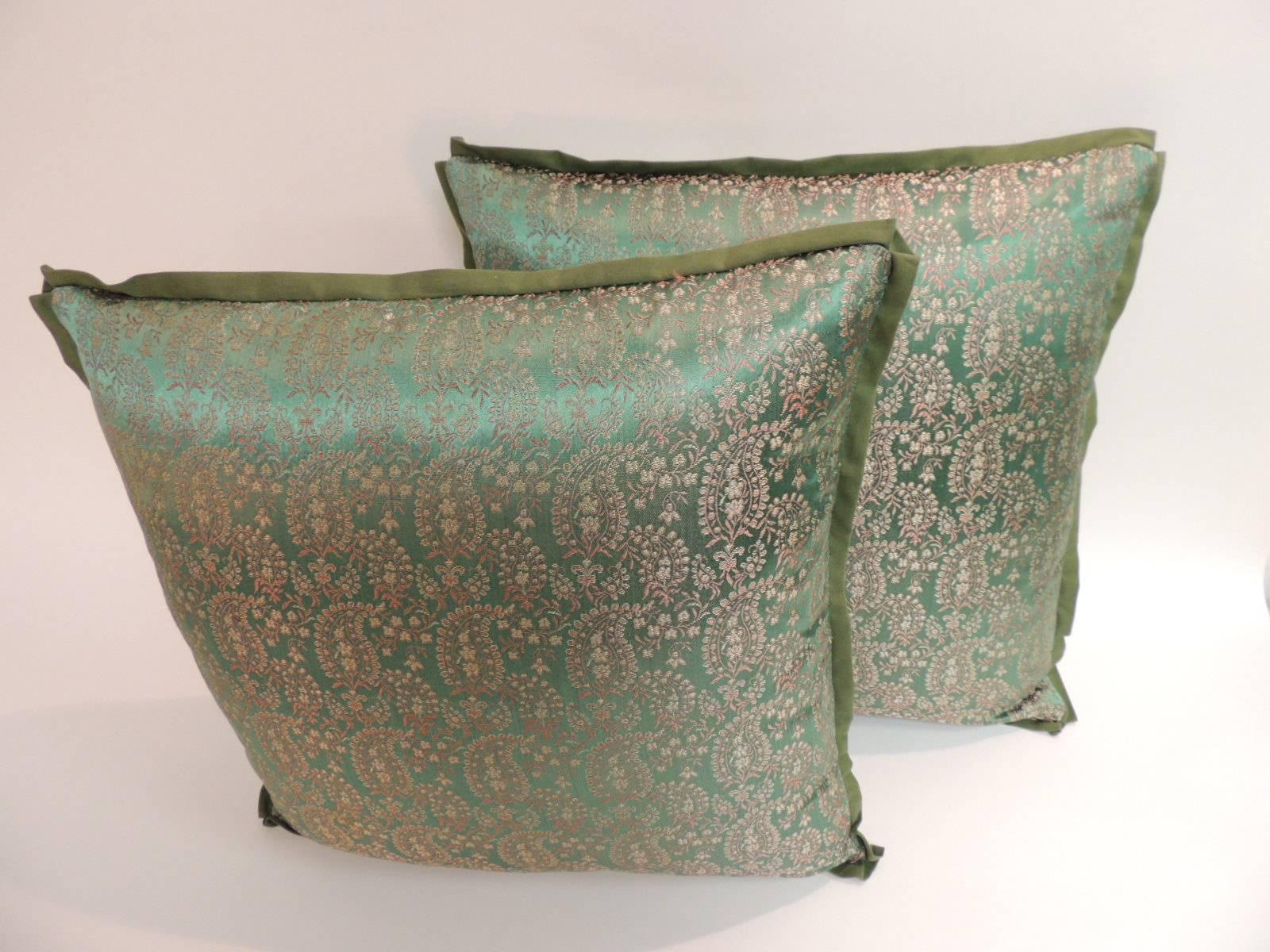Moorish Pair of Green and Gold Embroidered Silk Indian Saree Decorative Pillows