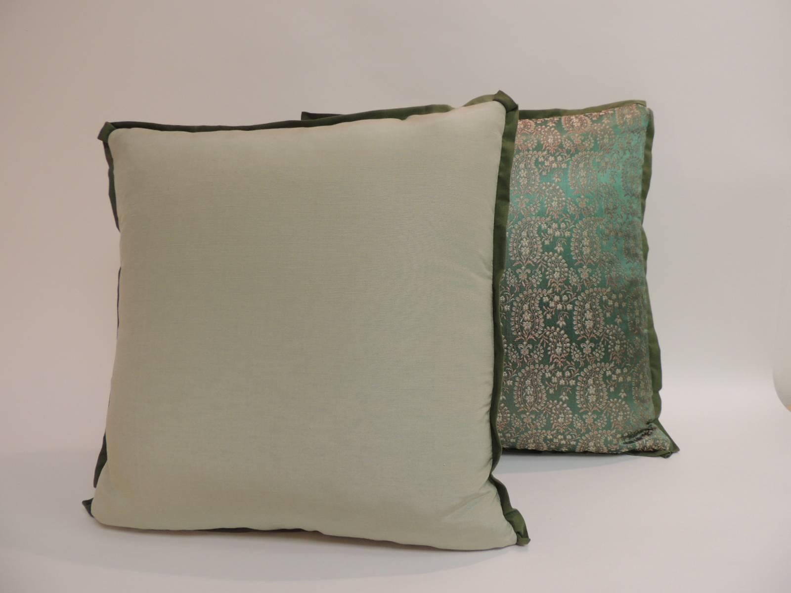 19th Century Pair of Green and Gold Embroidered Silk Indian Saree Decorative Pillows