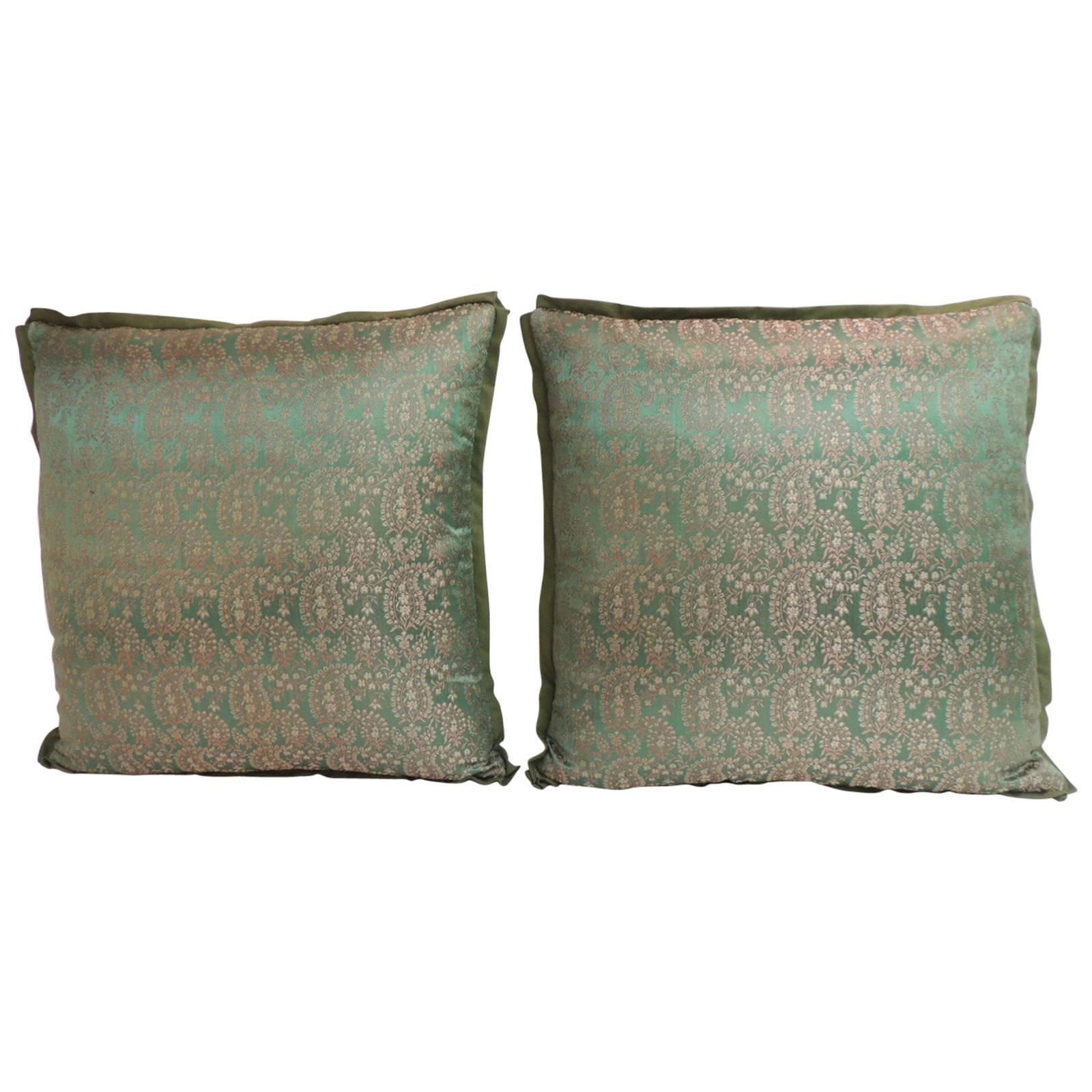 Pair of Green and Gold Embroidered Silk Indian Saree Decorative Pillows