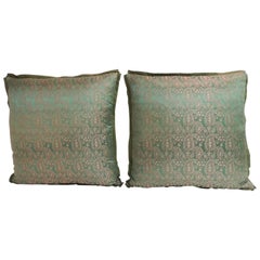 Used Pair of Green and Gold Embroidered Silk Indian Saree Decorative Pillows
