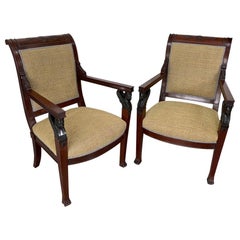 Pair of 19th Century Empire Armchairs with Sphinx Heads and Newly Upholstered