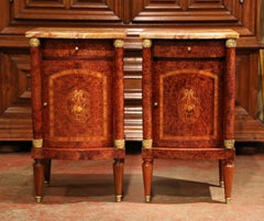 Pair of 19th Century Empire Bombe Burl Walnut Nightstands with Red Marble Top