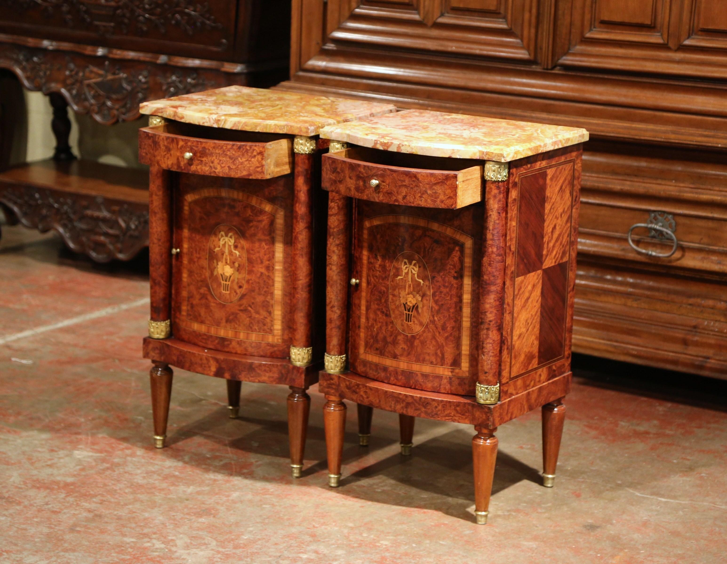 French Pair of 19th Century Empire Bombe Burl Walnut Nightstands with Red Marble Top