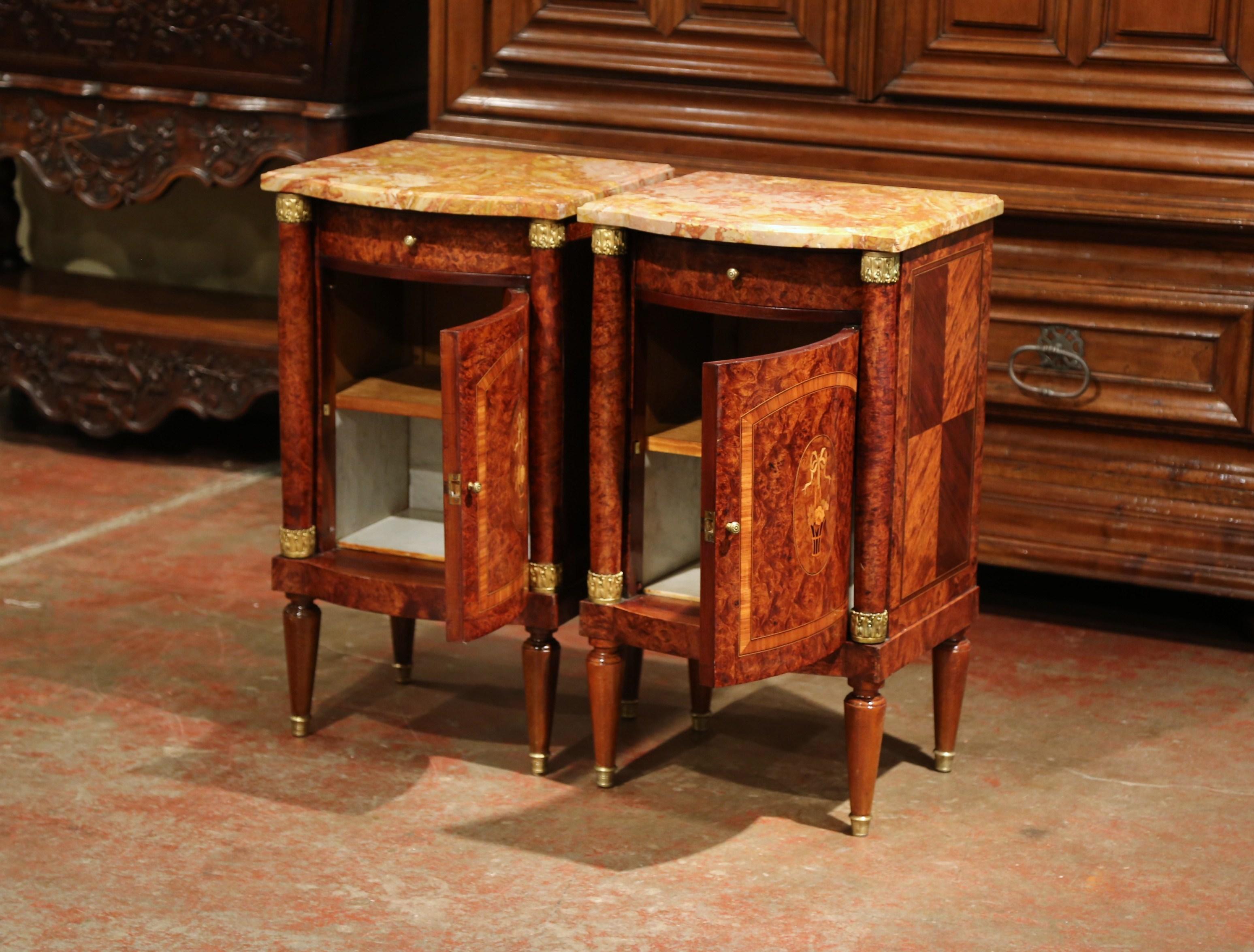 Hand-Carved Pair of 19th Century Empire Bombe Burl Walnut Nightstands with Red Marble Top