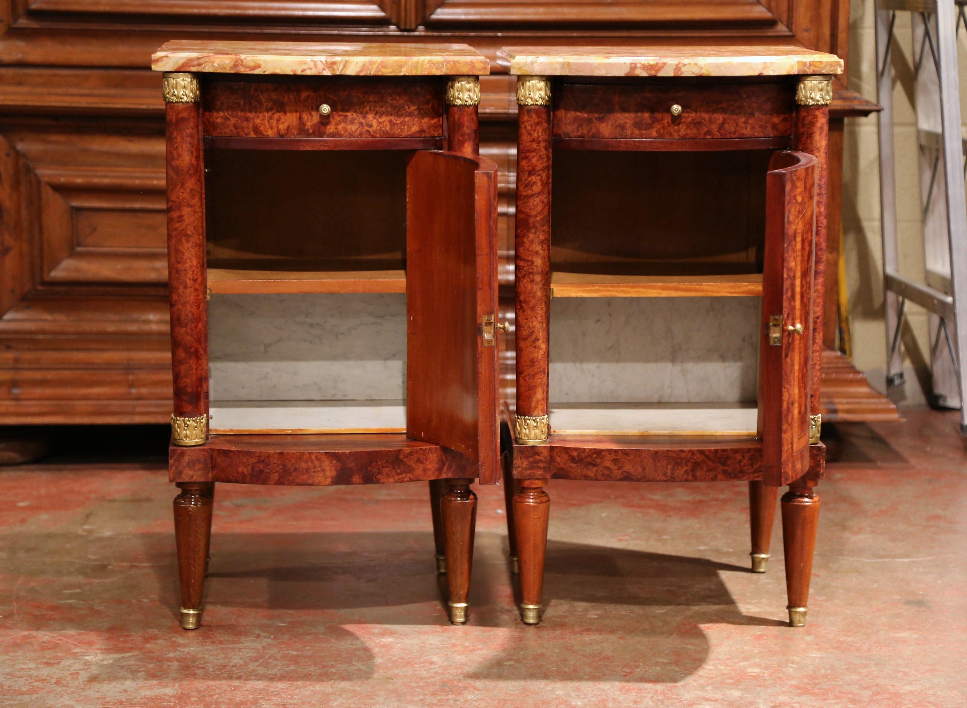 Pair of 19th Century Empire Bombe Burl Walnut Nightstands with Red Marble Top In Excellent Condition In Dallas, TX