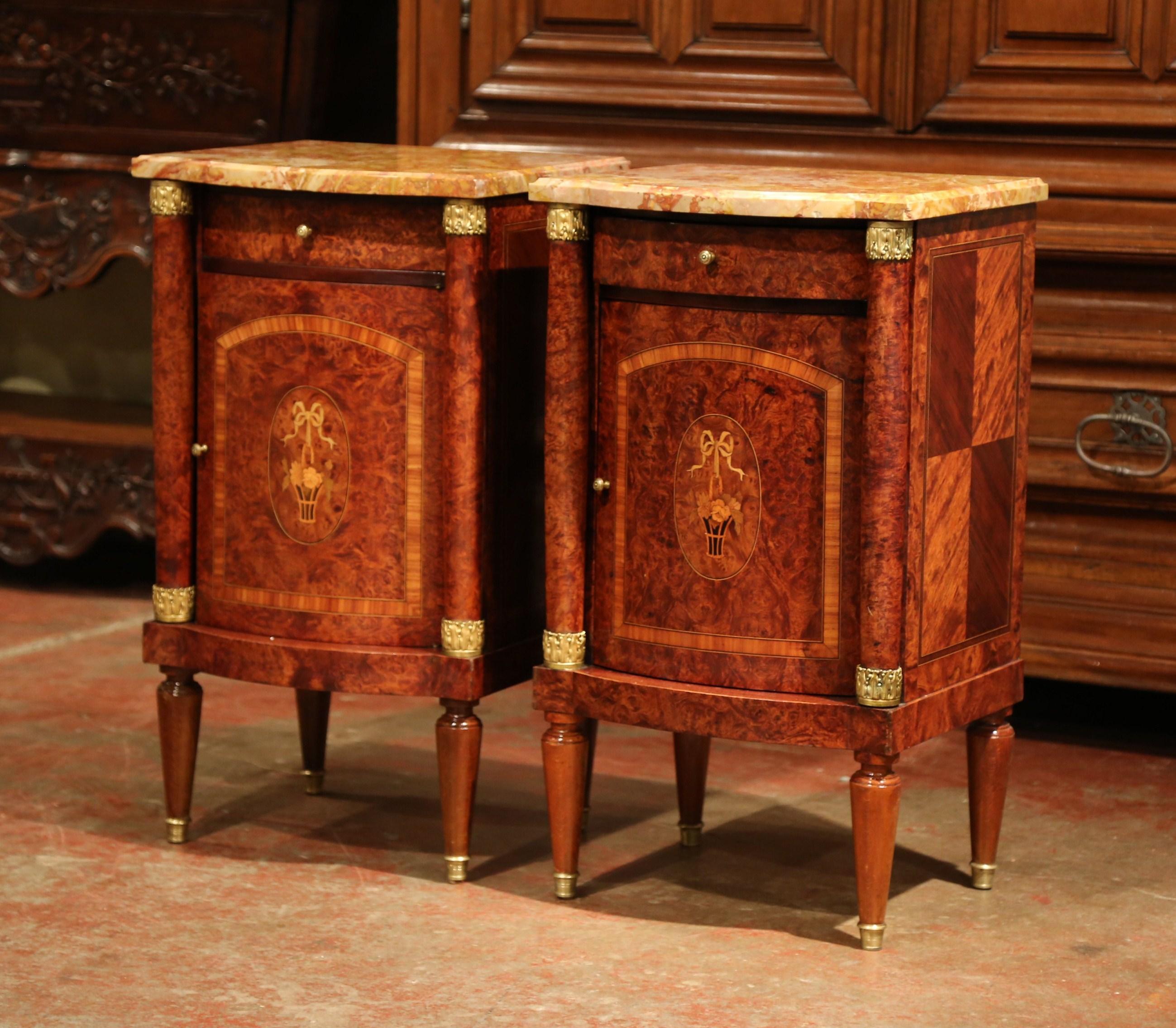 Bronze Pair of 19th Century Empire Bombe Burl Walnut Nightstands with Red Marble Top
