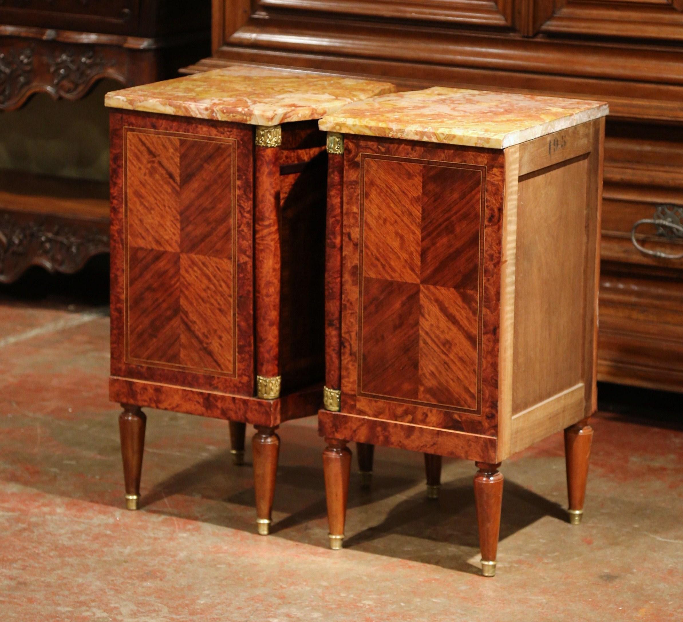 Pair of 19th Century Empire Bombe Burl Walnut Nightstands with Red Marble Top 2