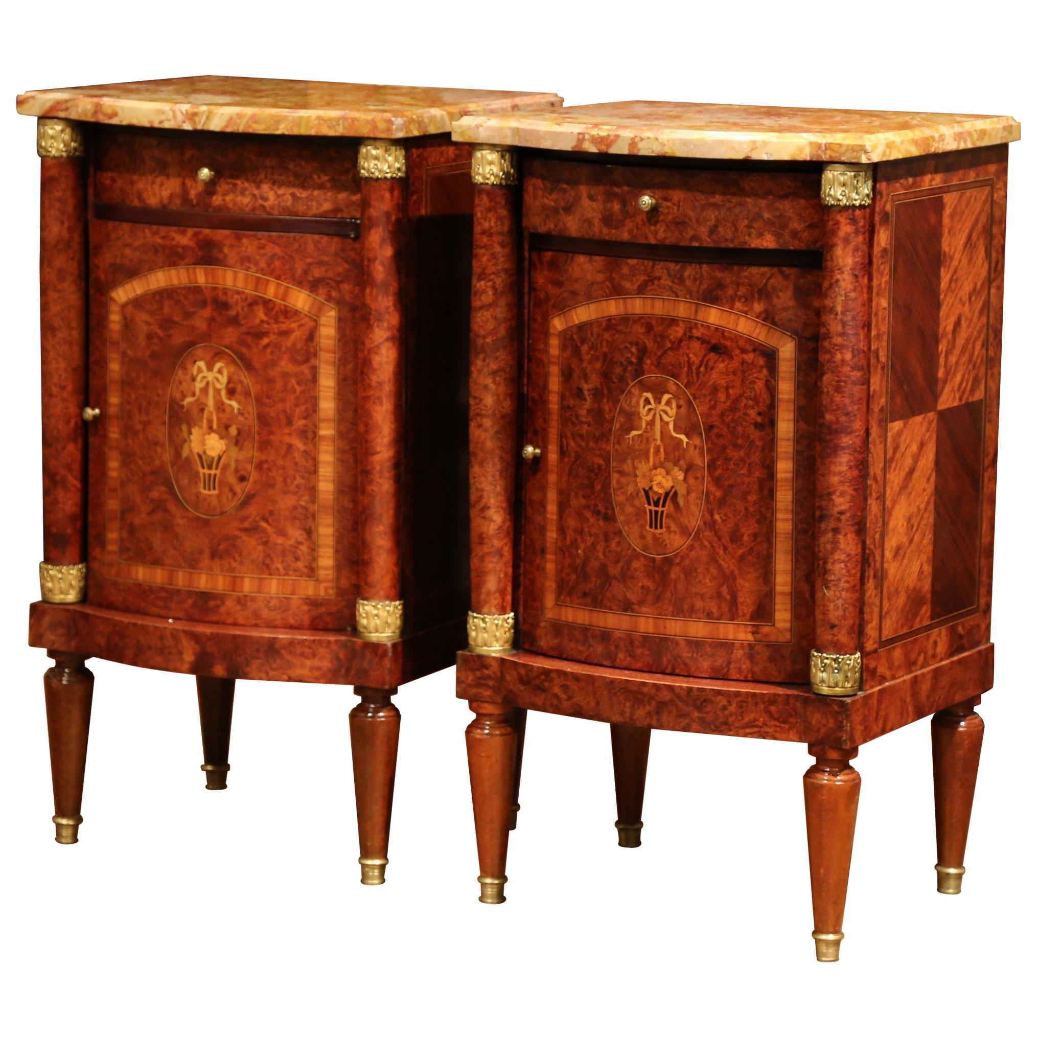 Pair of 19th Century Empire Bombe Burl Walnut Nightstands with Red Marble Top